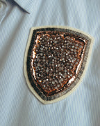 -SPECIAL- "Christian Dior" 00's-10's Embellished shield crest striped ruched sleeve shirt