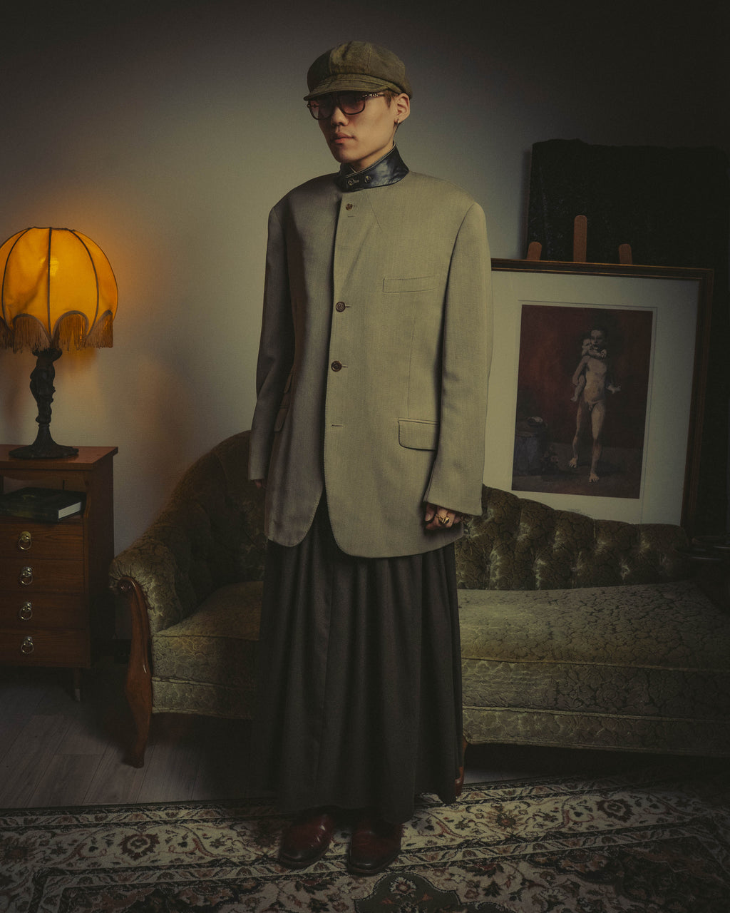 -SPECIAL- "Hermès" 80's-00's Leather collar tailored blazer