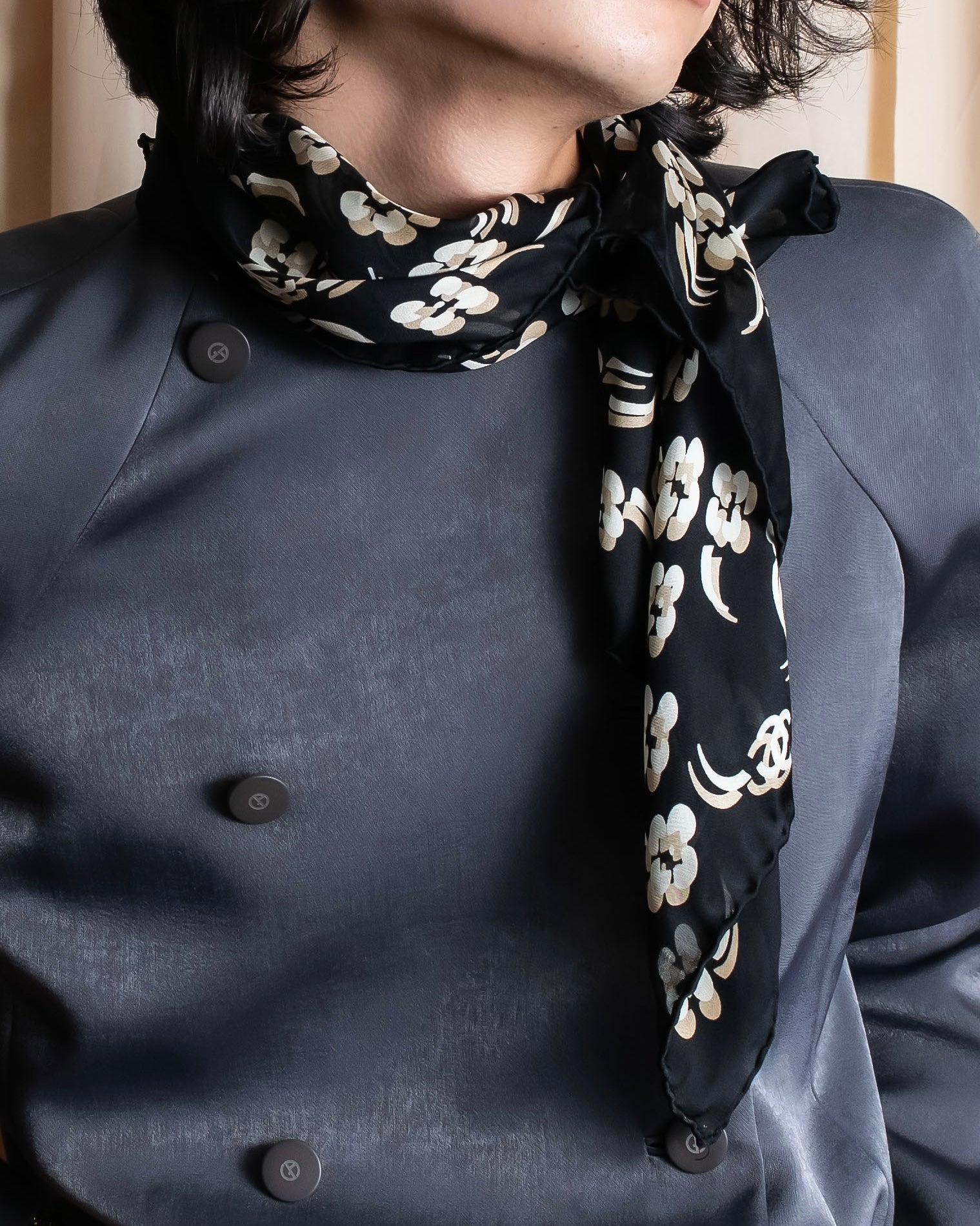 "CHANEL" Flower &amp; cocomark blurred pattern square scarf