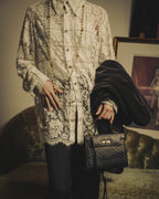 -SPECIAL- "CHANEL" 10's-20's Embellished floral lace and pearl check oversized shirt