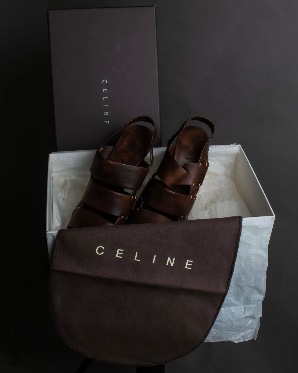 "CELINE" Layered belt detail leather heel sandals