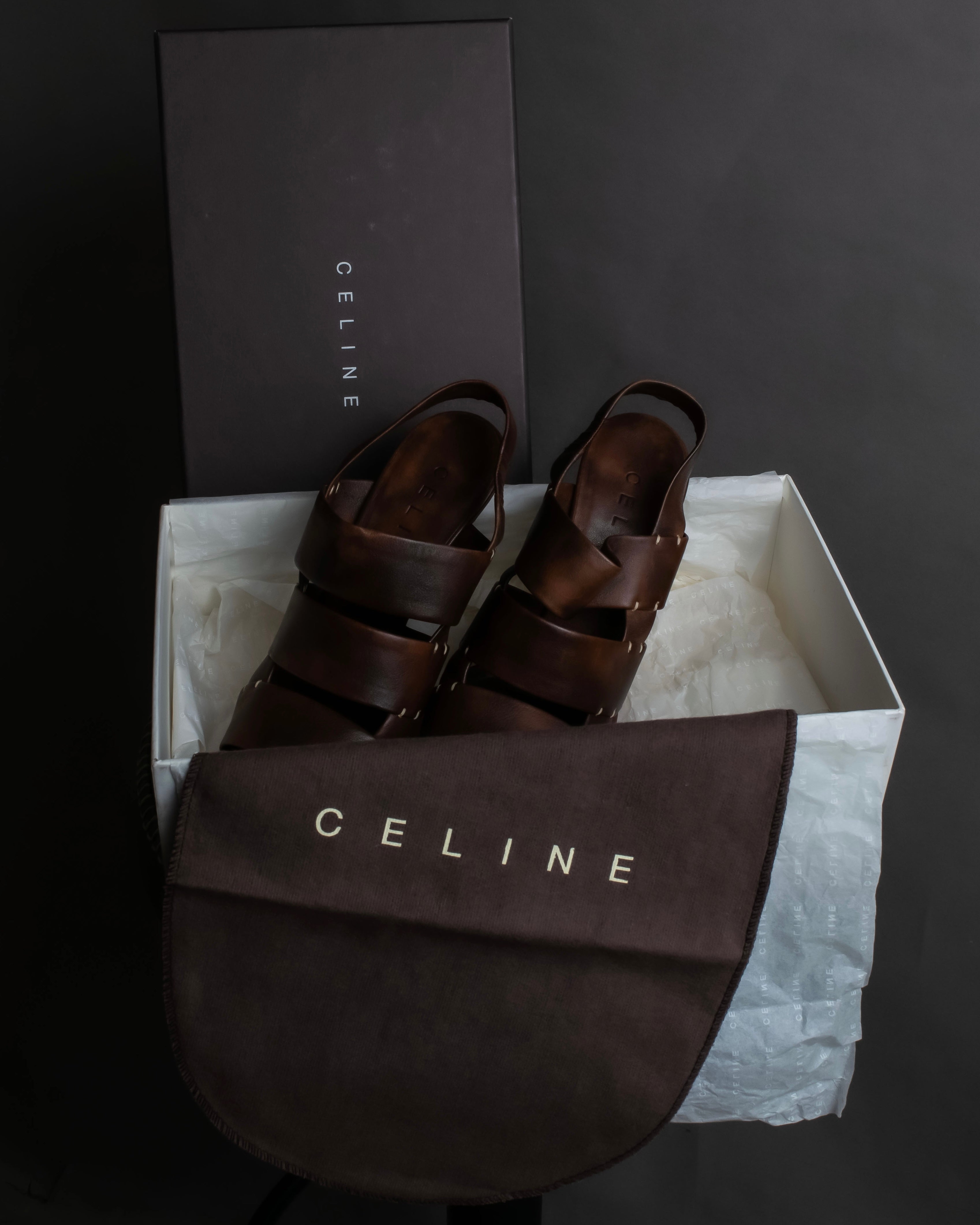"CELINE" Layered belt detail leather heel sandals