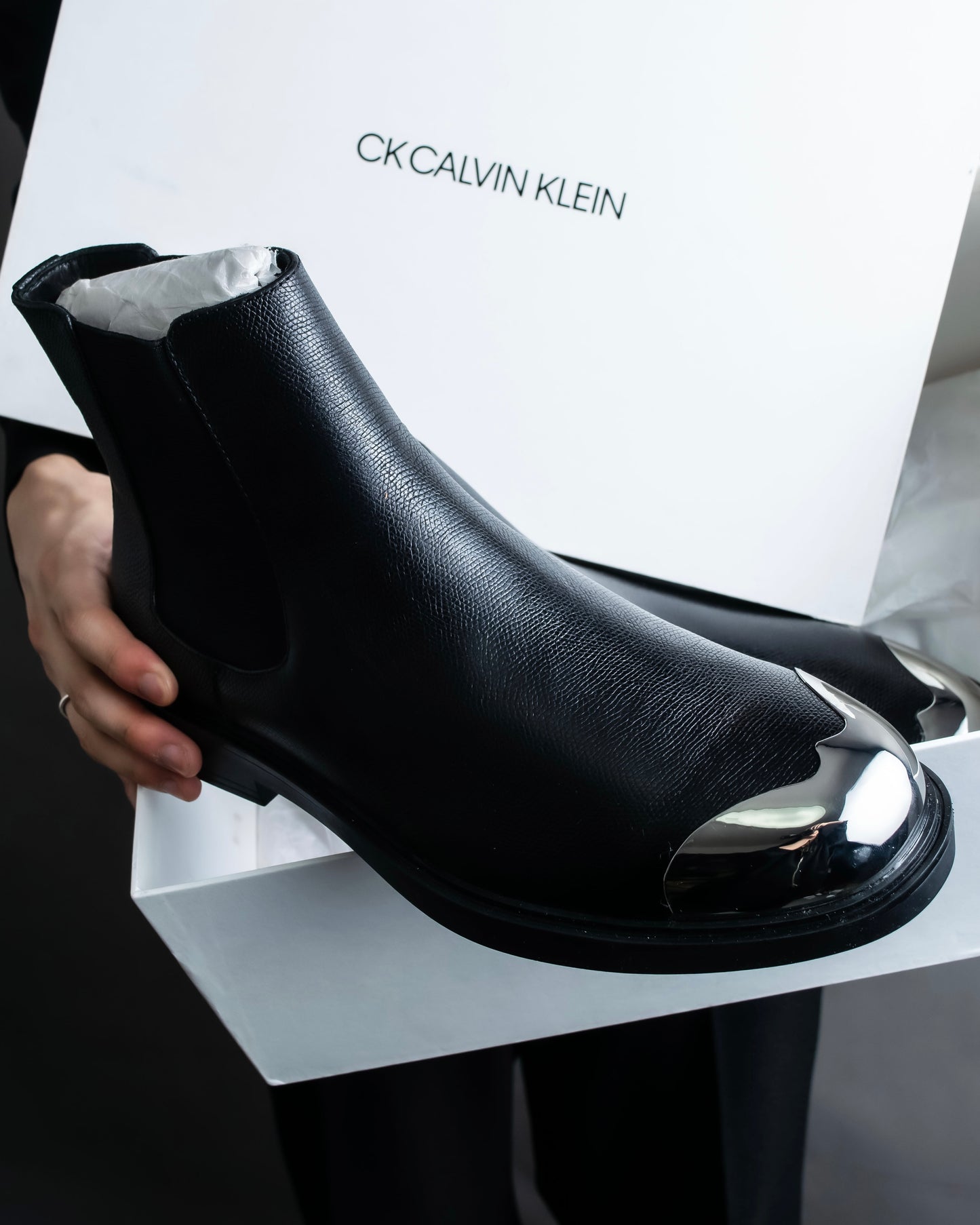 "CALVIN KLEIN" Silver metal toe cap side gore boots