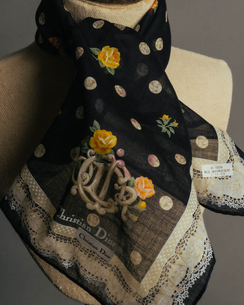 “Christian Dior” 90’s-00’s Romantic dot floral handkerchief scarf