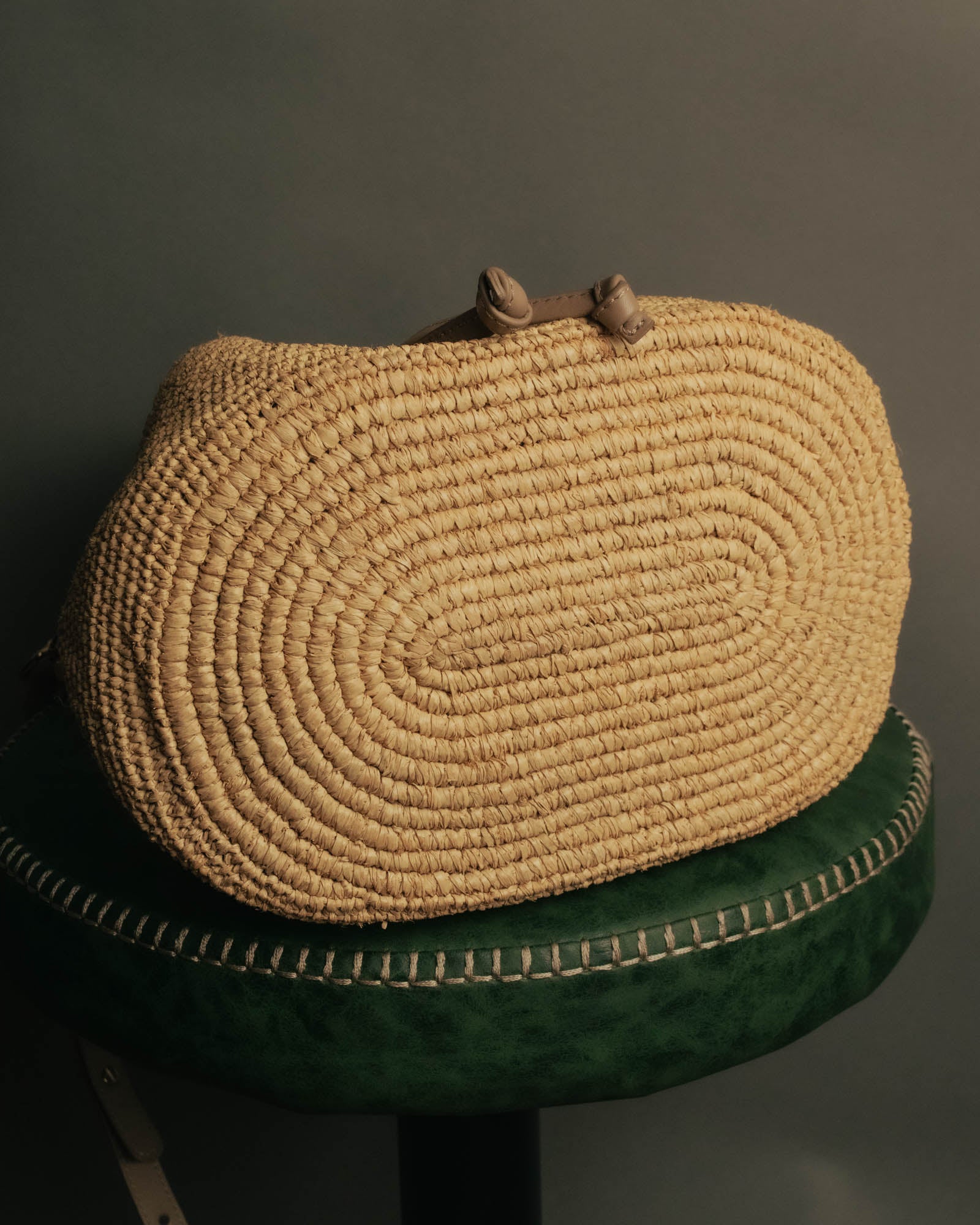“Heidi Klein” Natural raffia bamboo handle bucket bag
