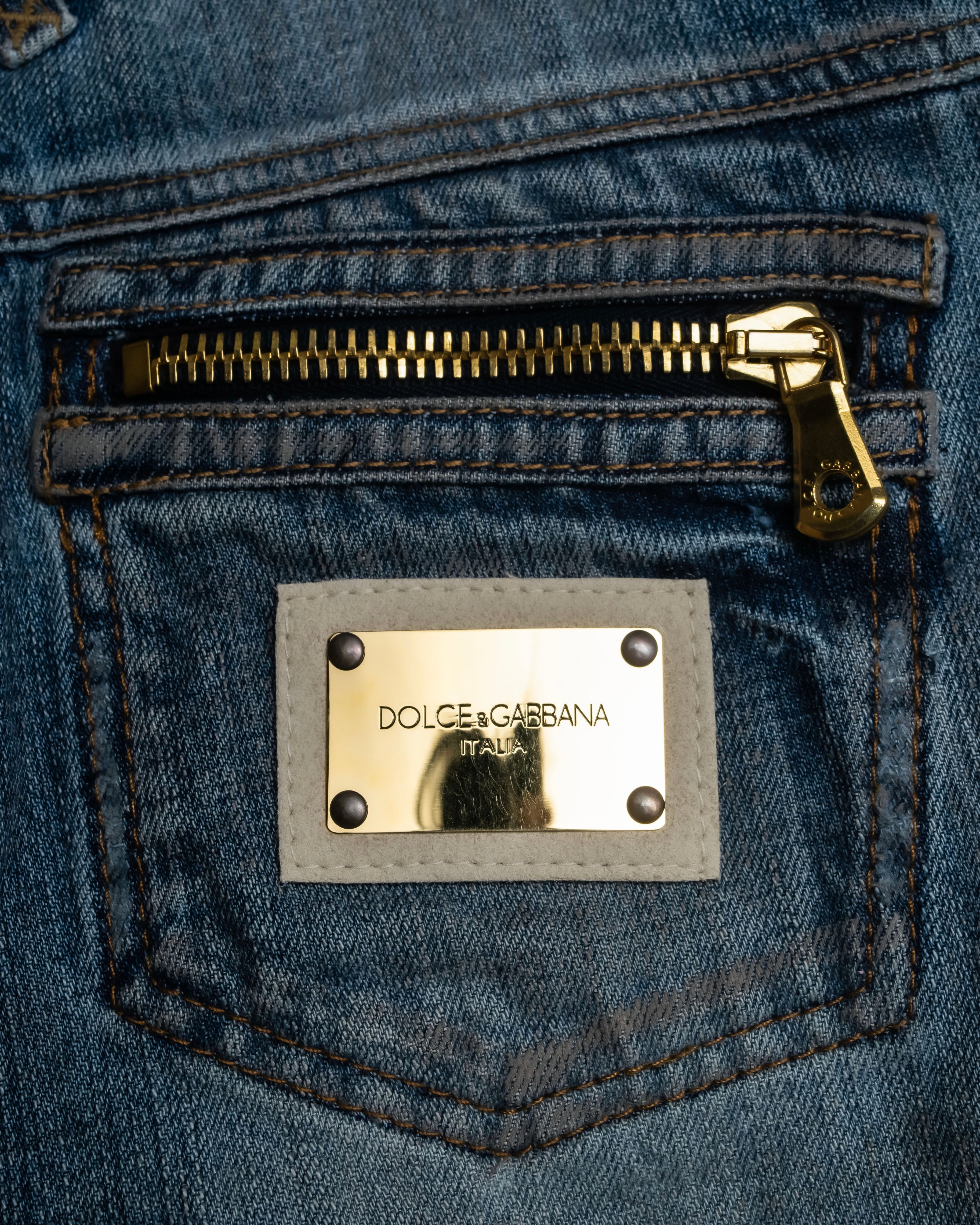 "Dolce & Gabbana" Gold zip detail distressed straight denim