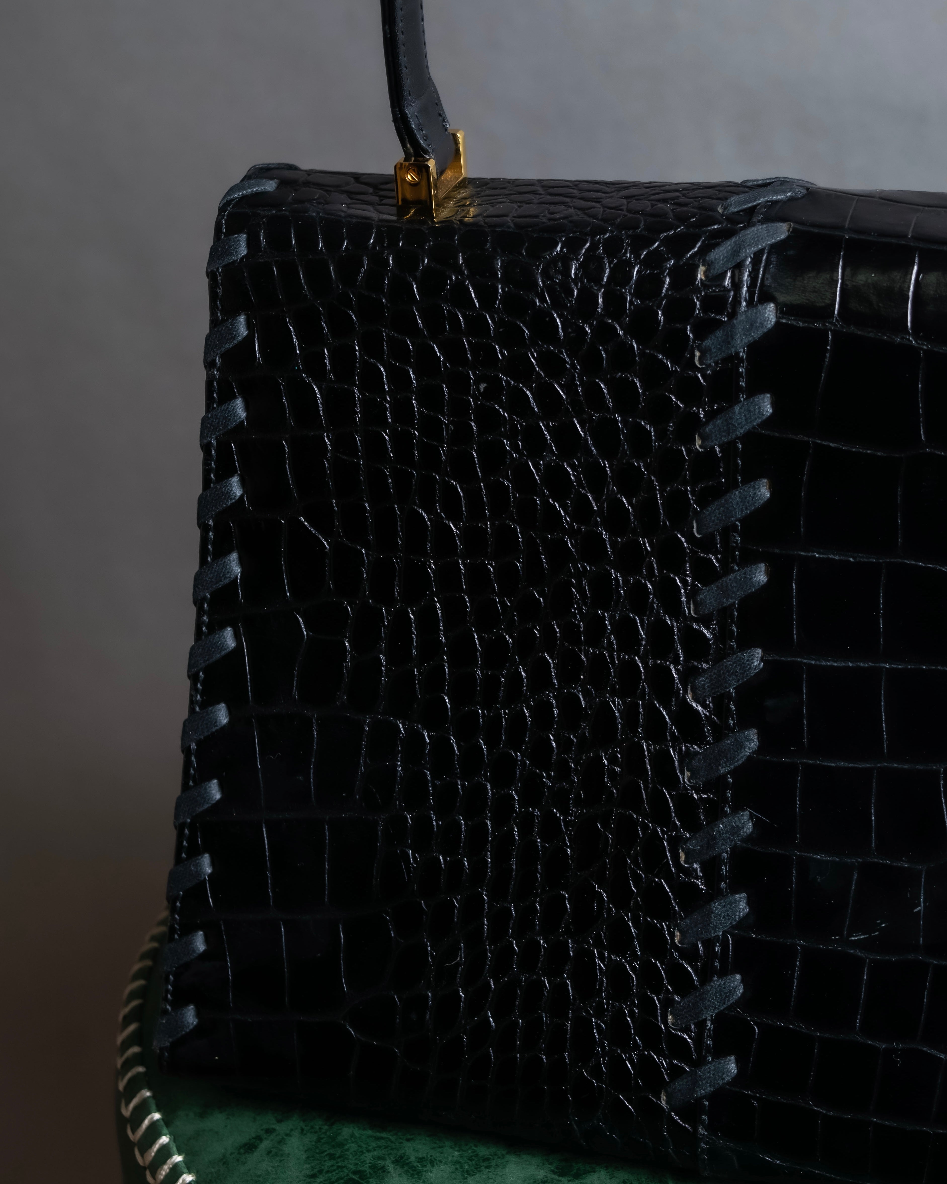 "YVES SAINT LAURENT" Braided stitch design crocodile embossed leather one-handle bag