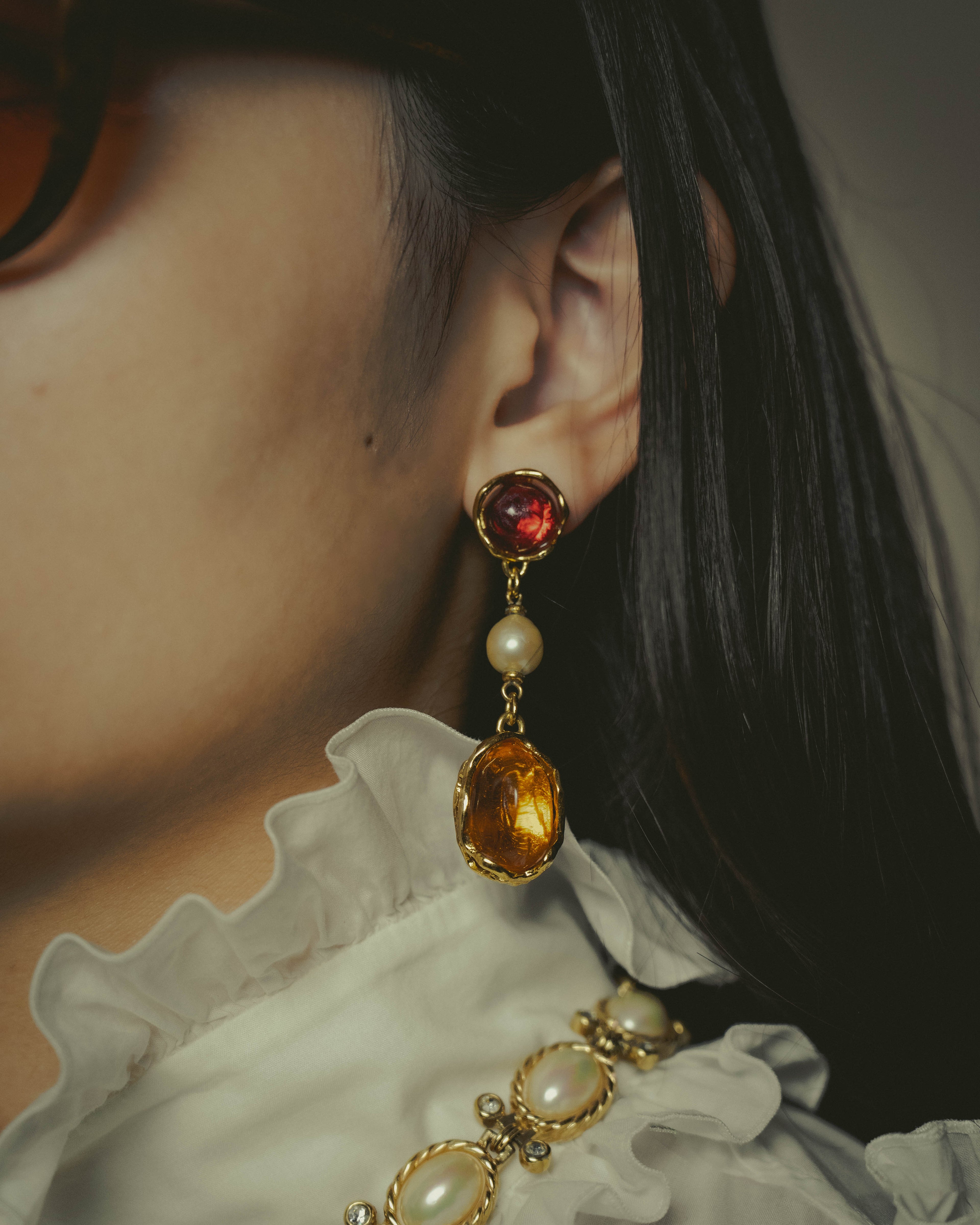 -SPECIAL- "Yves Saint Laurent" 80's-90's Vintage architectural poured glass and pearl drop earrings