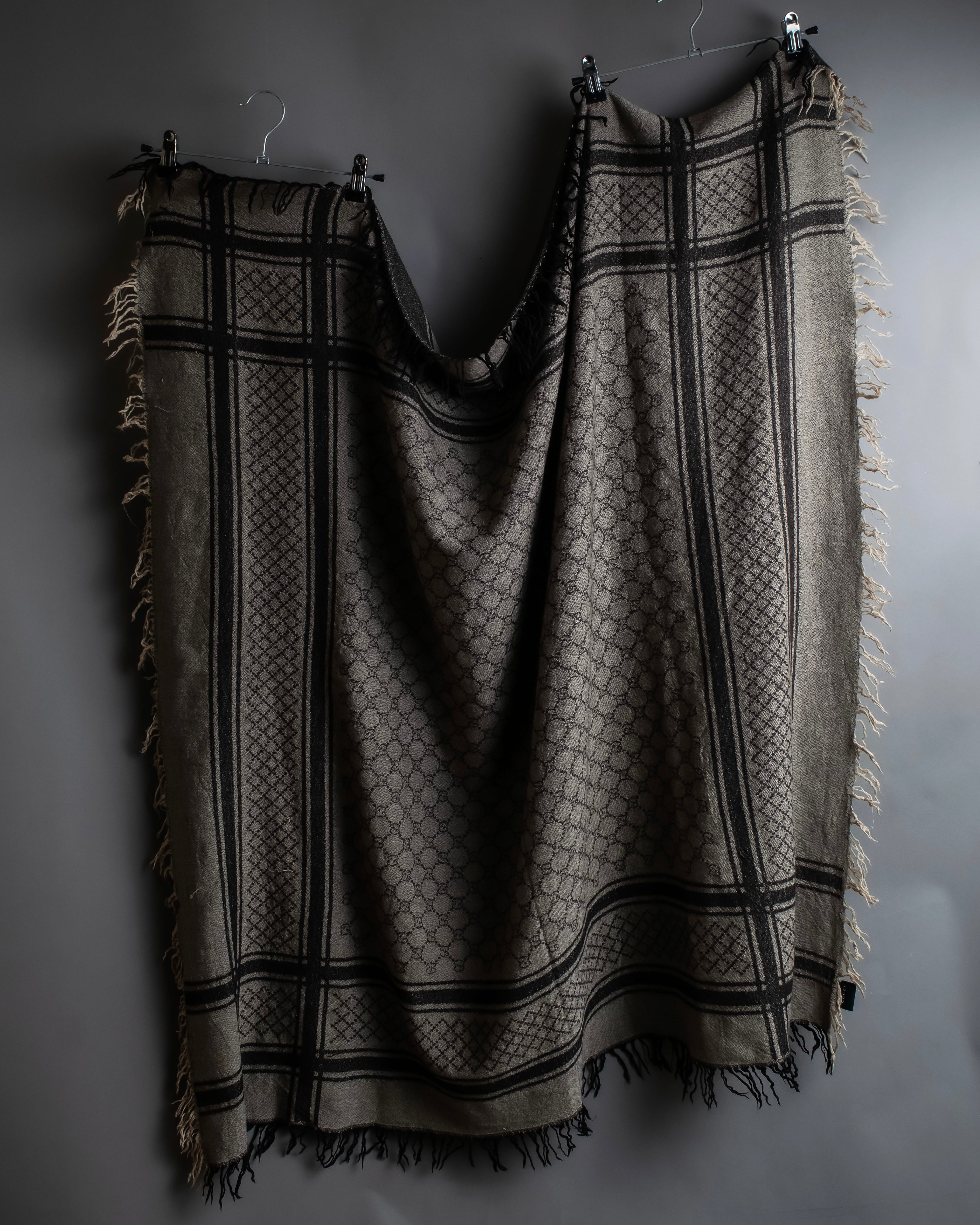 "GUCCI" GG monogram &amp; check pattern fringe large stole