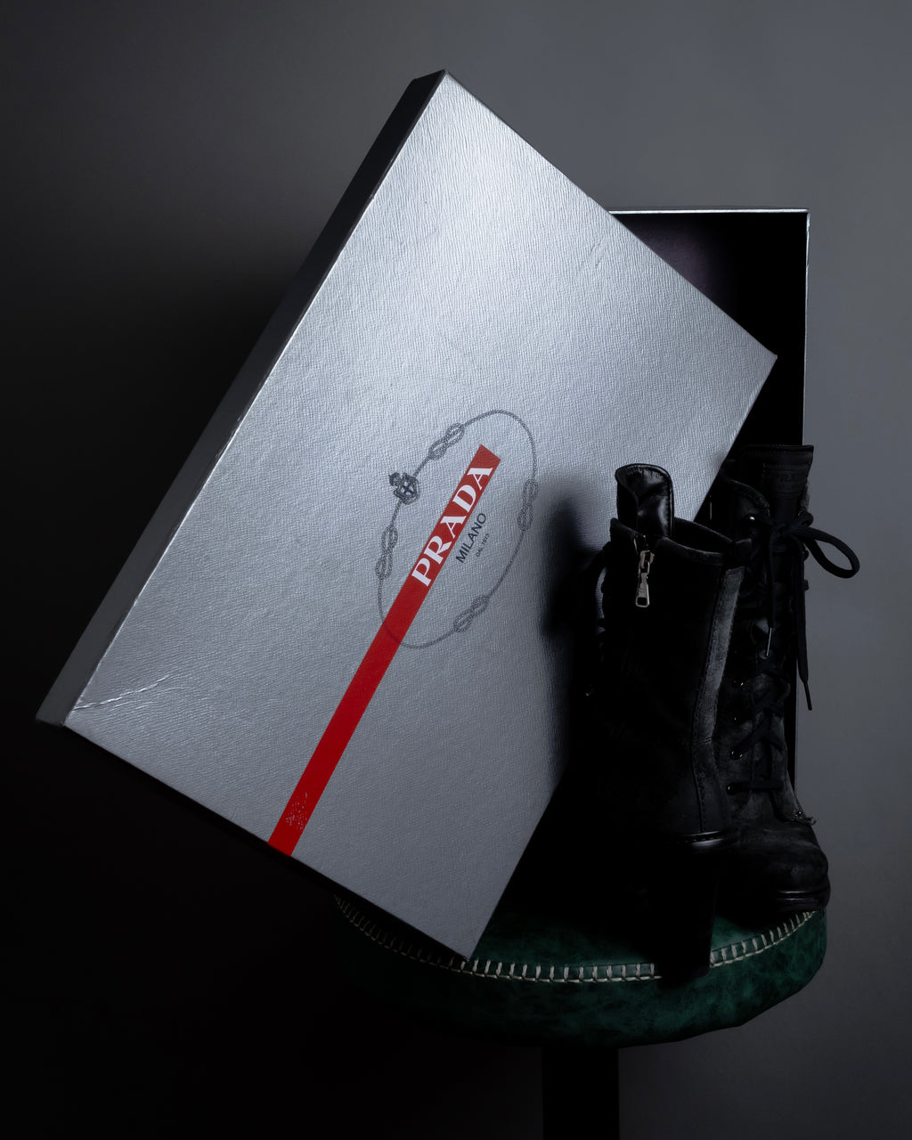 "PRADA" Military detail brushed leather lace-up long boots