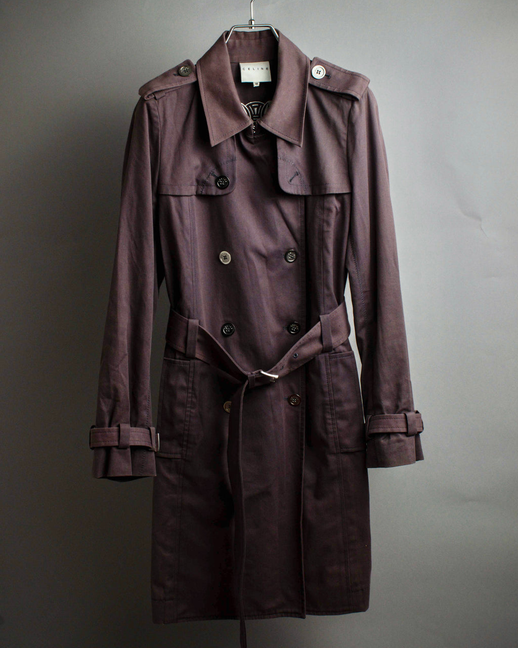 "CELINE" Triomphe button design in plum brown color
 trench coat