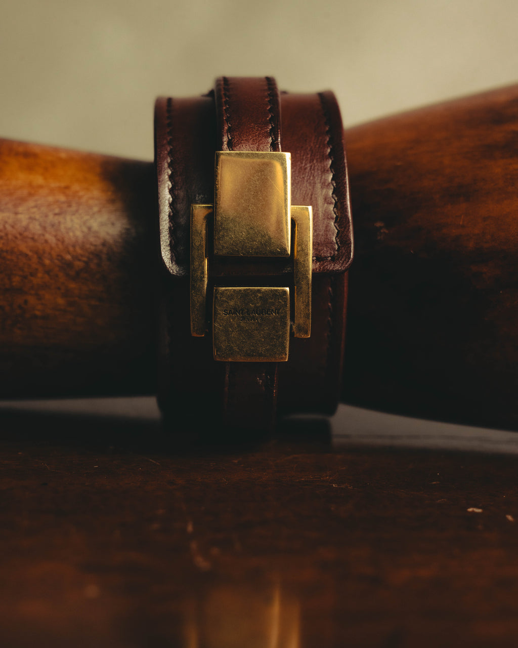 –SPECIAL– "Saint Laurent" 10's Burgundy leather wide cuff bracelet with antique gold buckle