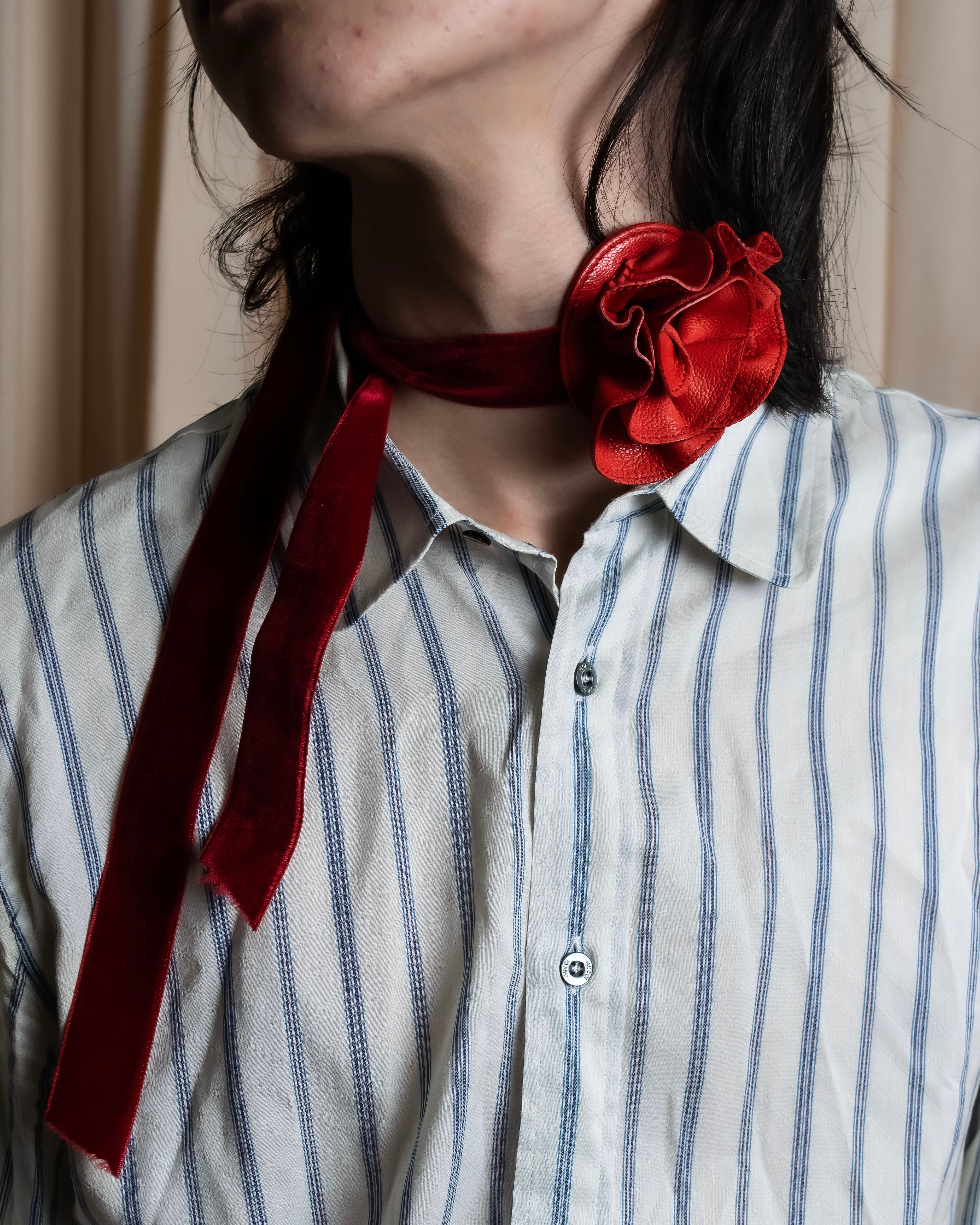 "YVES SAINT LAURENT" Rose motif leather choker＆ribbon accessories