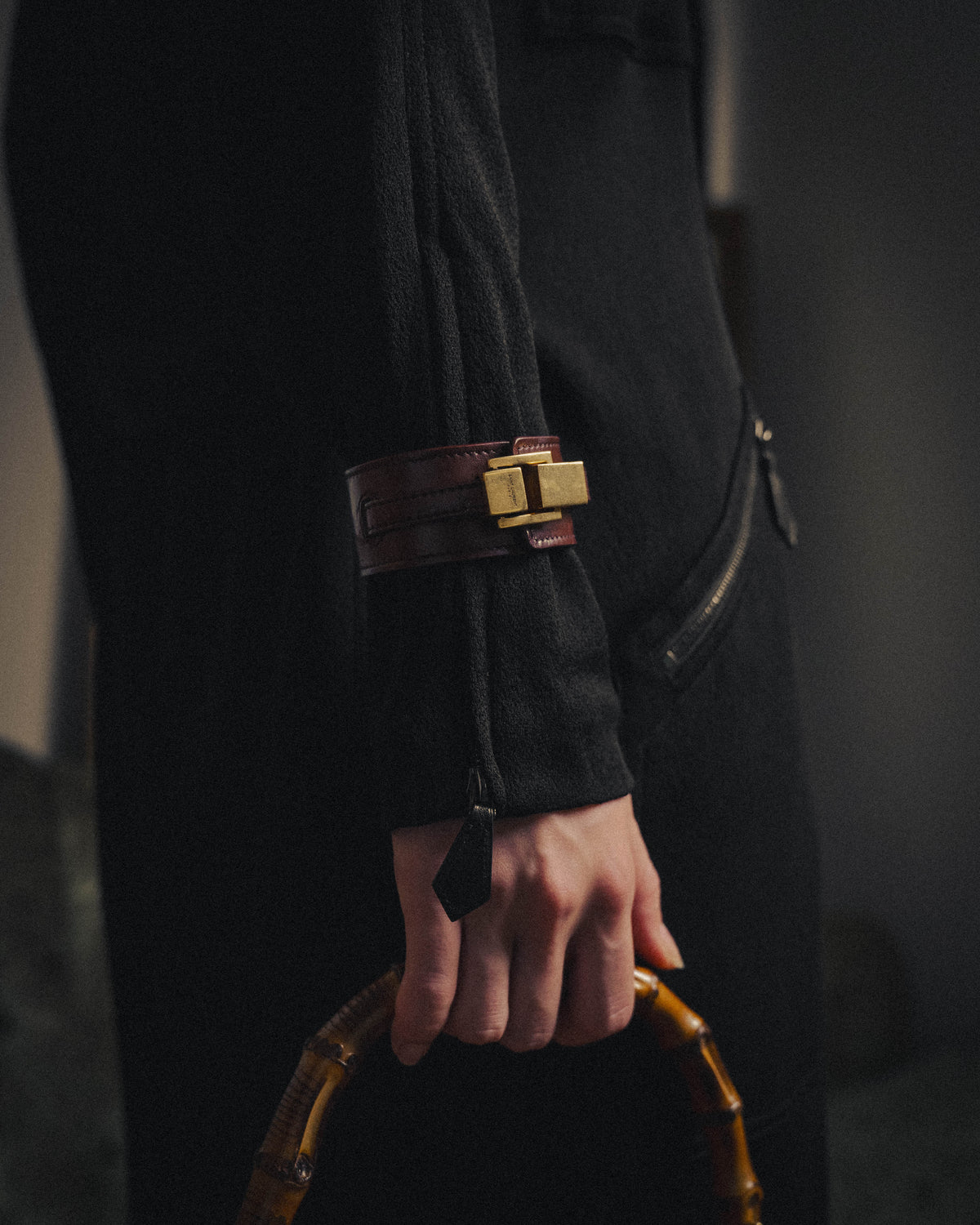 –SPECIAL– "Saint Laurent" 10's Burgundy leather wide cuff bracelet with antique gold buckle