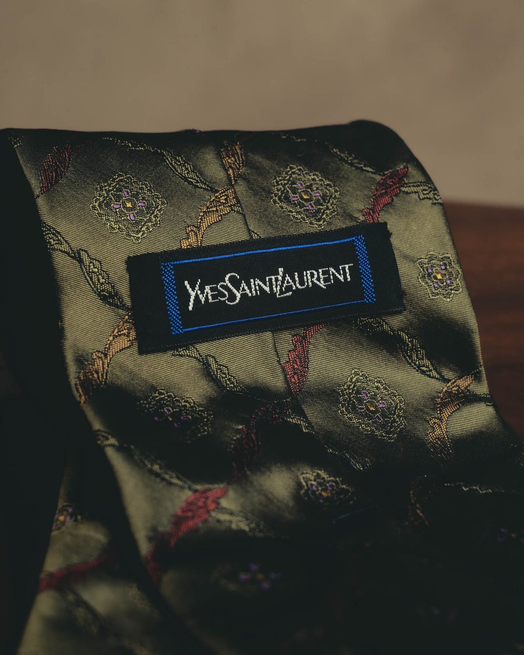 "Yves Saint Laurent" 80's-90's Olive silk jacquard necktie