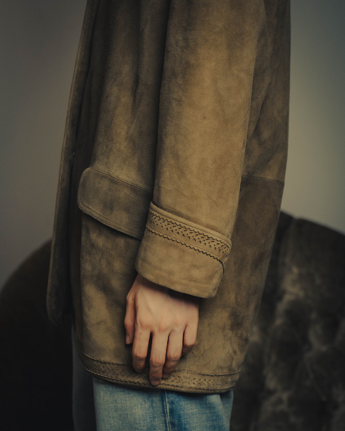 -SPECIAL- “LOEWE” 70’s-80’s Perforated trim suede long jacket