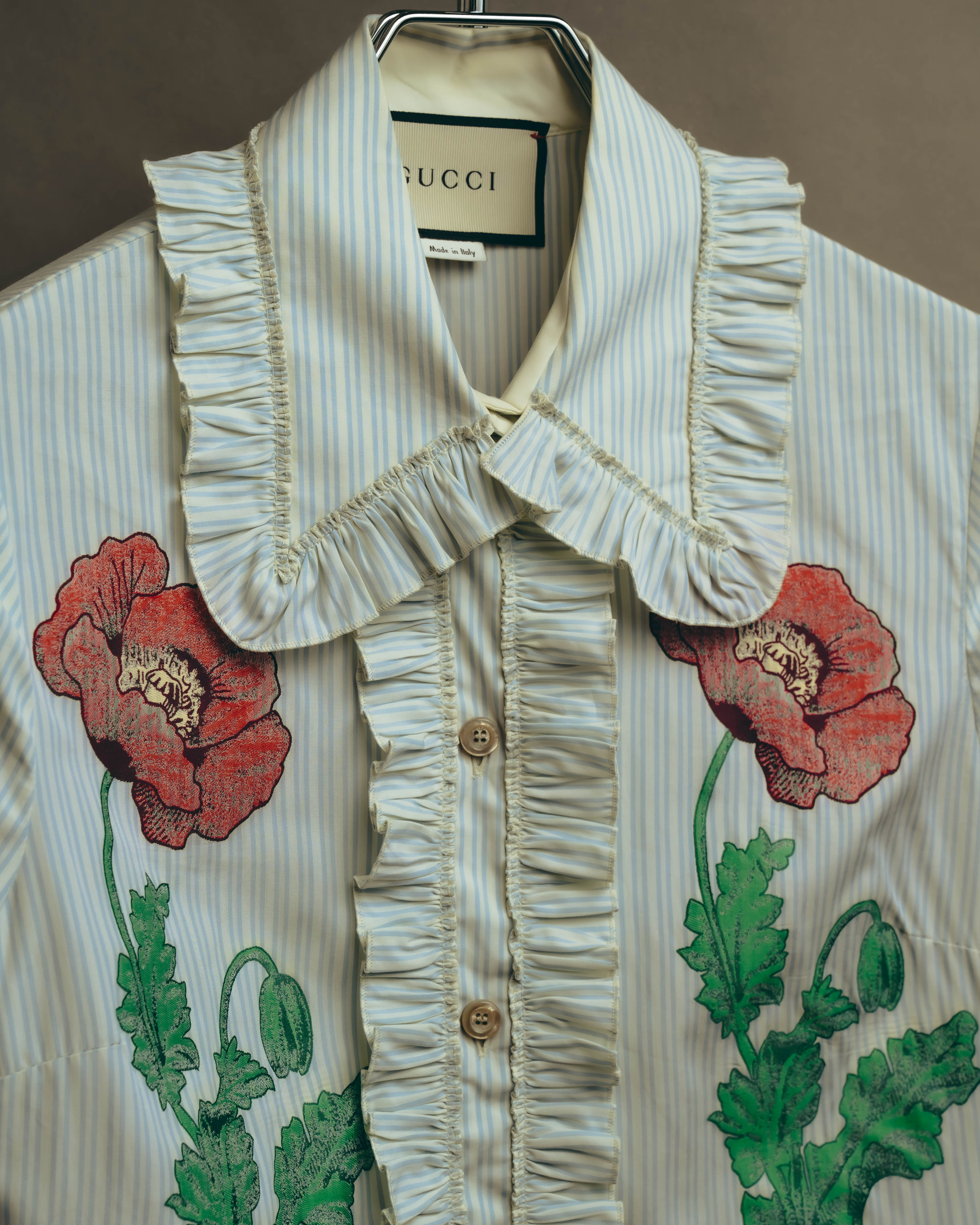 -SPECIAL- “GUCCI” 2017-2019 Floral embroidered ruffled striped shirt