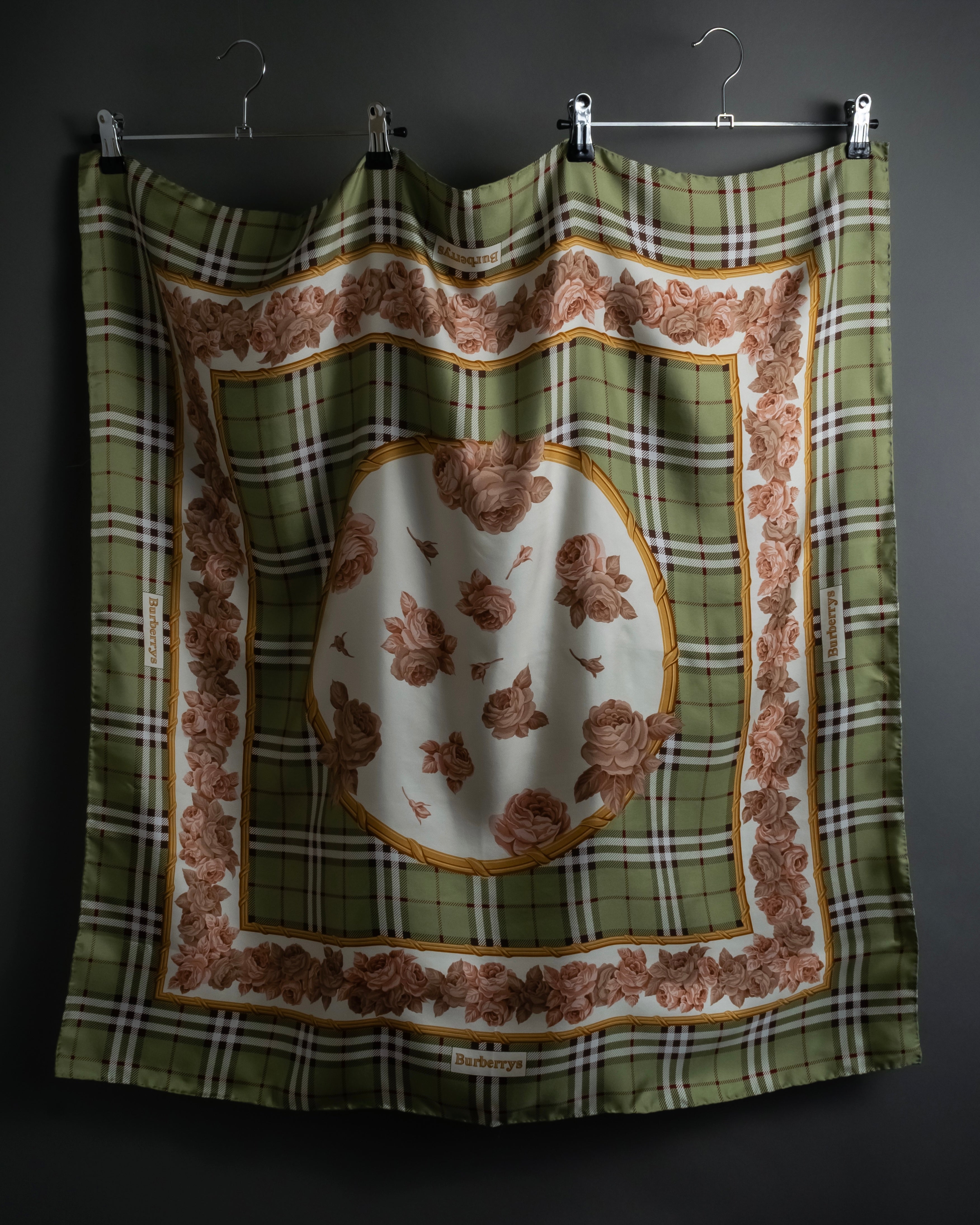 "BURBERRYS" Rose motif layered check pattern silk scarf