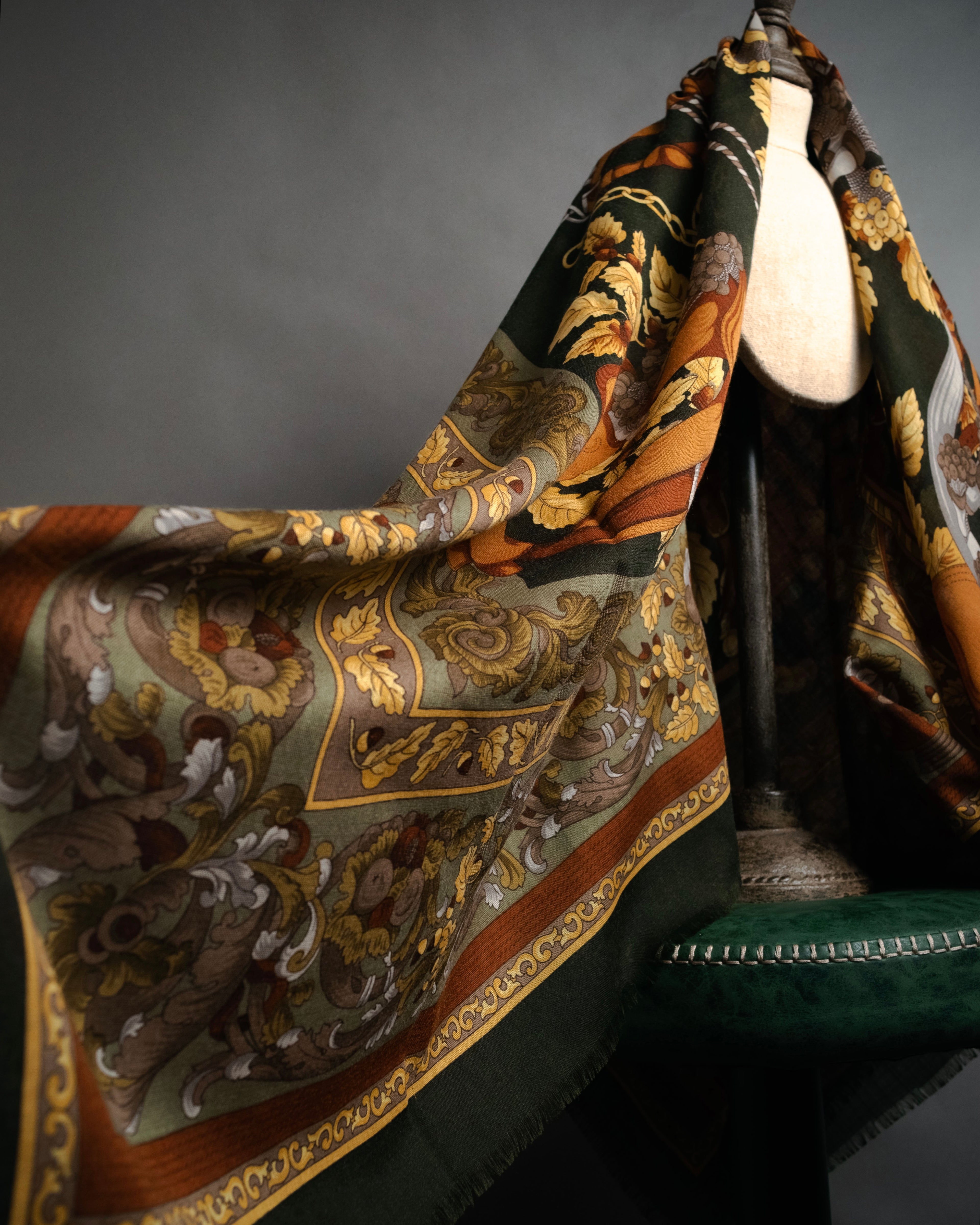 “LOEWE” 90’s–00’s Equestrian motif wool silk fringe scarf