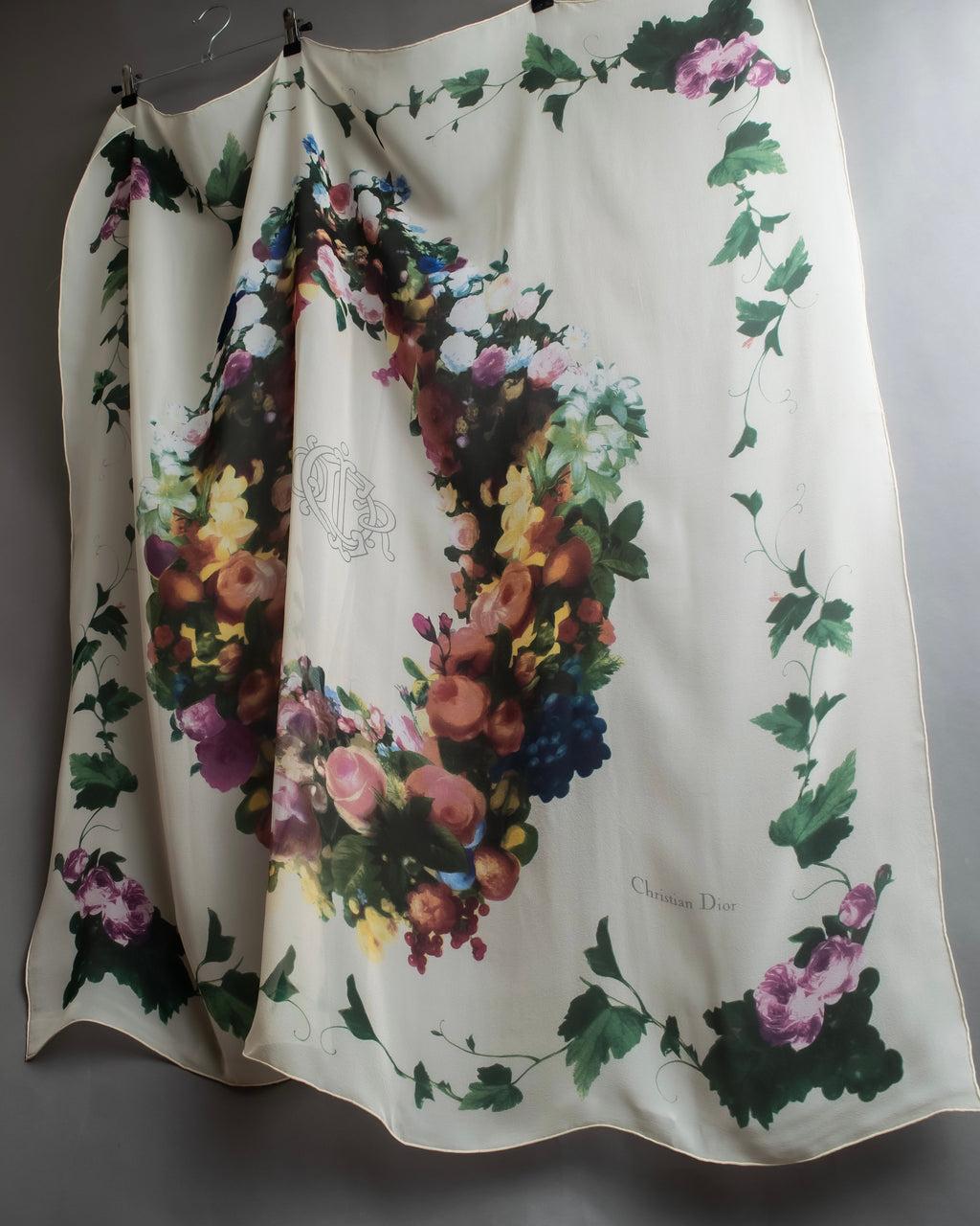 "Christian Dior" Wreath floral design silk scarf