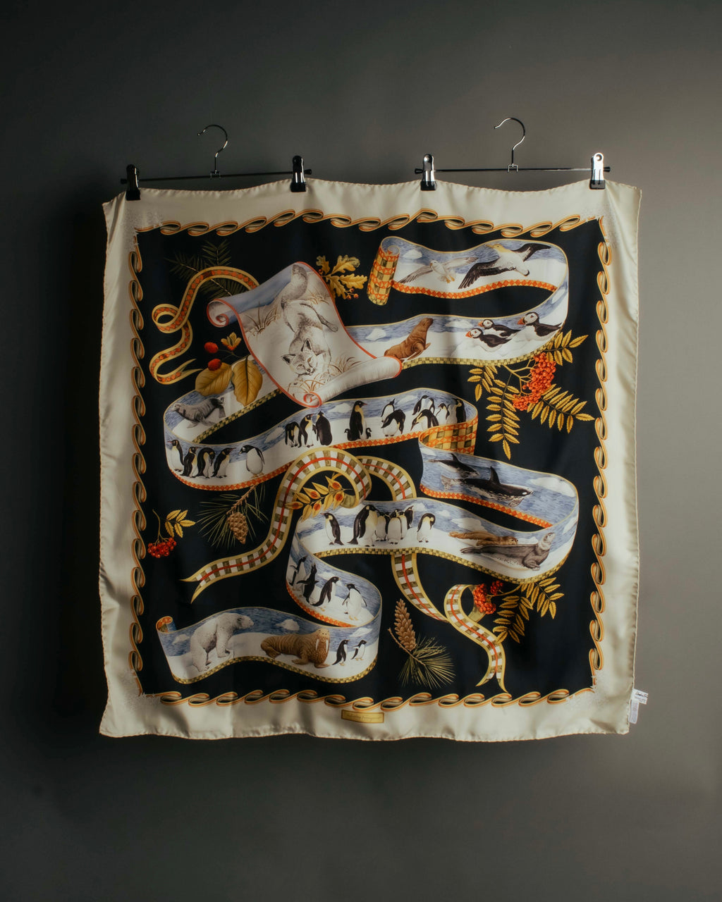 "Salvatore Ferragamo" 90's-00's Vintage arctic fauna and scrolling ribbon silk scarf