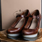 "PRADA" Brown leather stepped sole wedge heel pumps