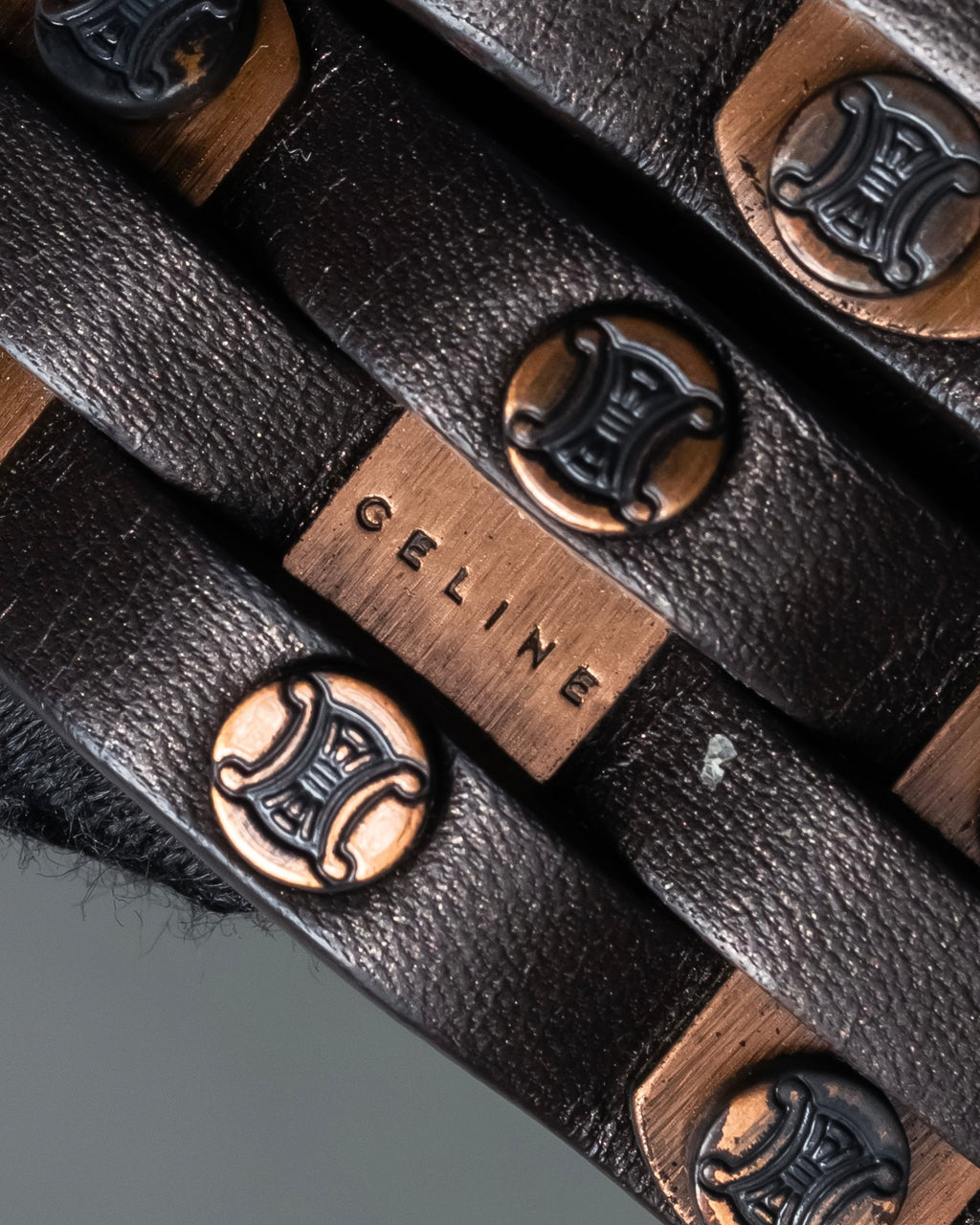 "CELINE" Triomphe motif stud design leather narrow belt