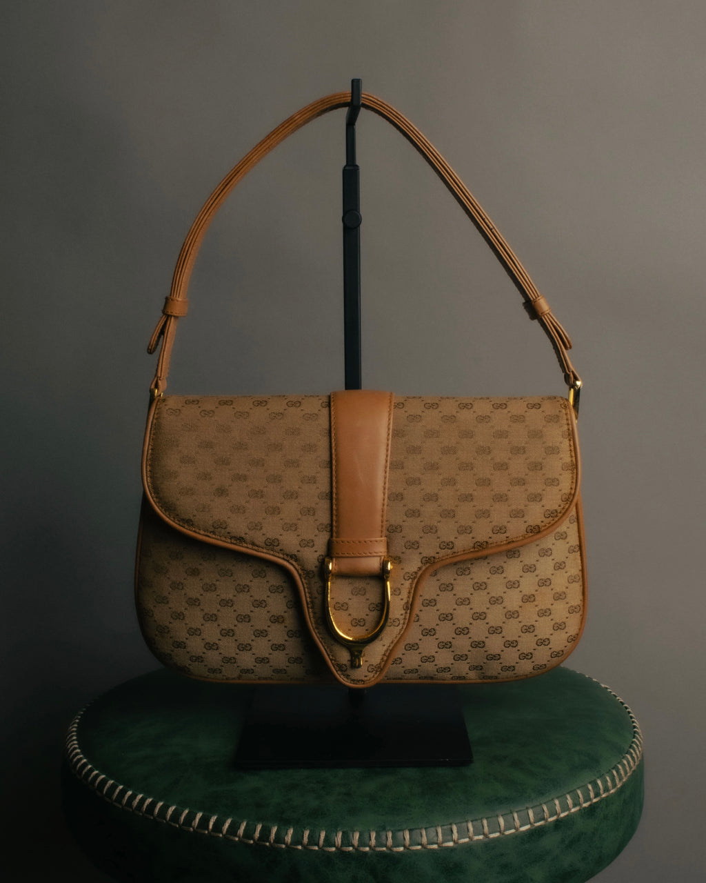 "GUCCI" 70's-80's Micro GG monogram canvas shoulder bag with stirrup hardware