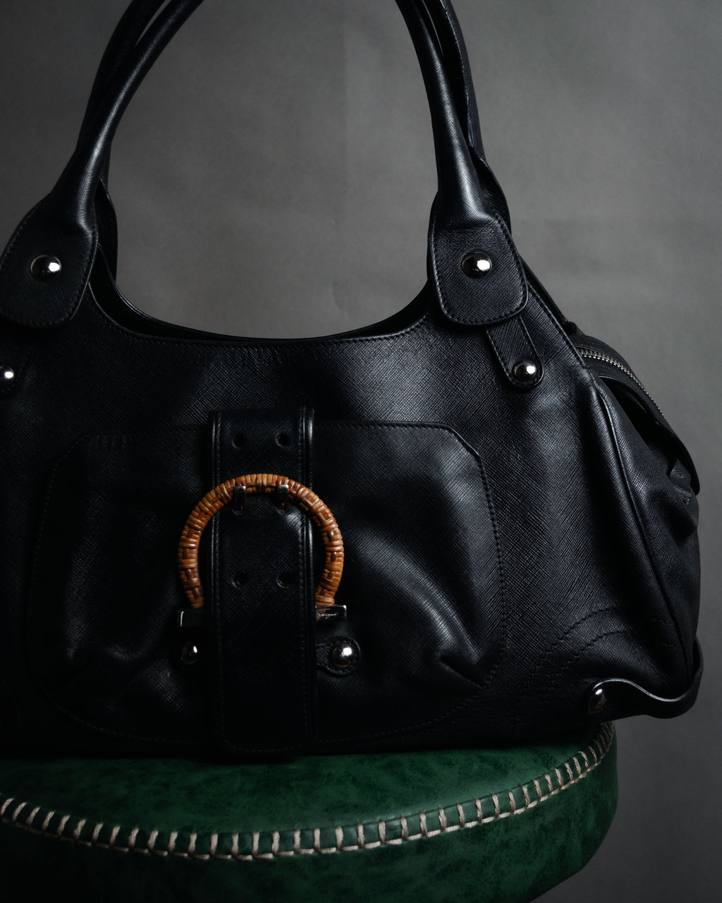 “Salvatore Ferragamo” 90’s-00’s wicker gancini leather handbag