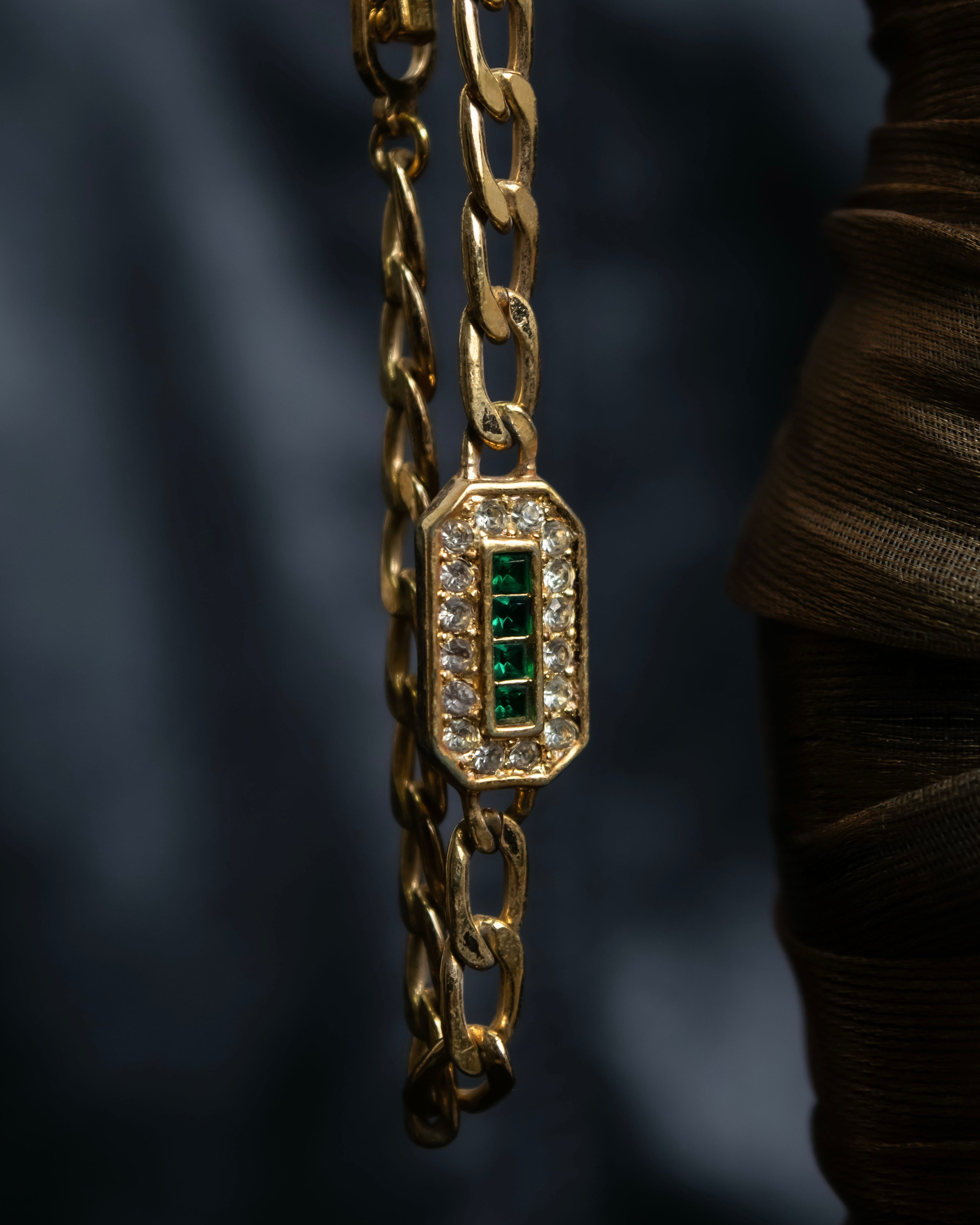“Christian Dior” green & clear crystal designed gold chain bracelet