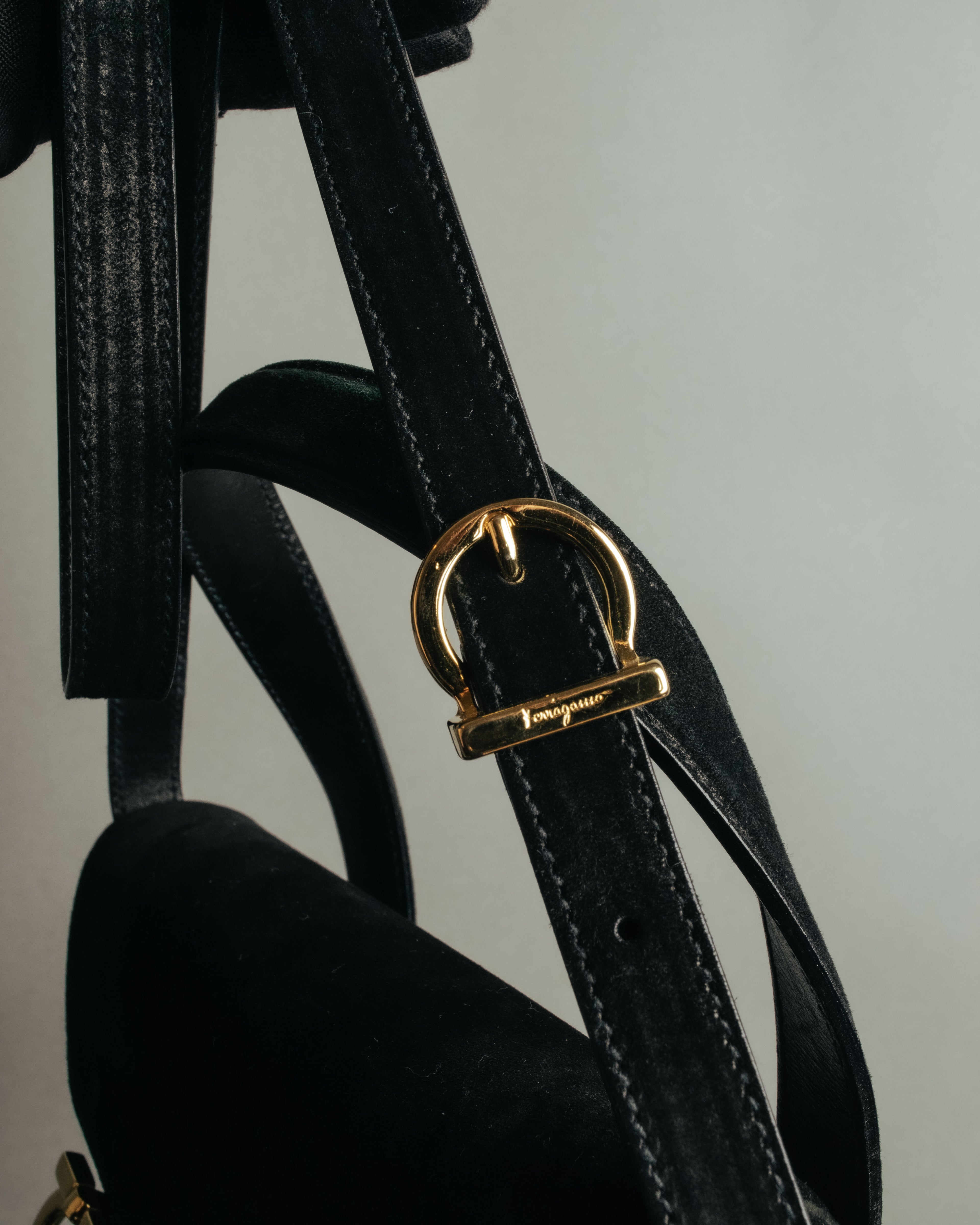 “Salvatore Ferragamo” 1995 Double gancini suede leather handbag