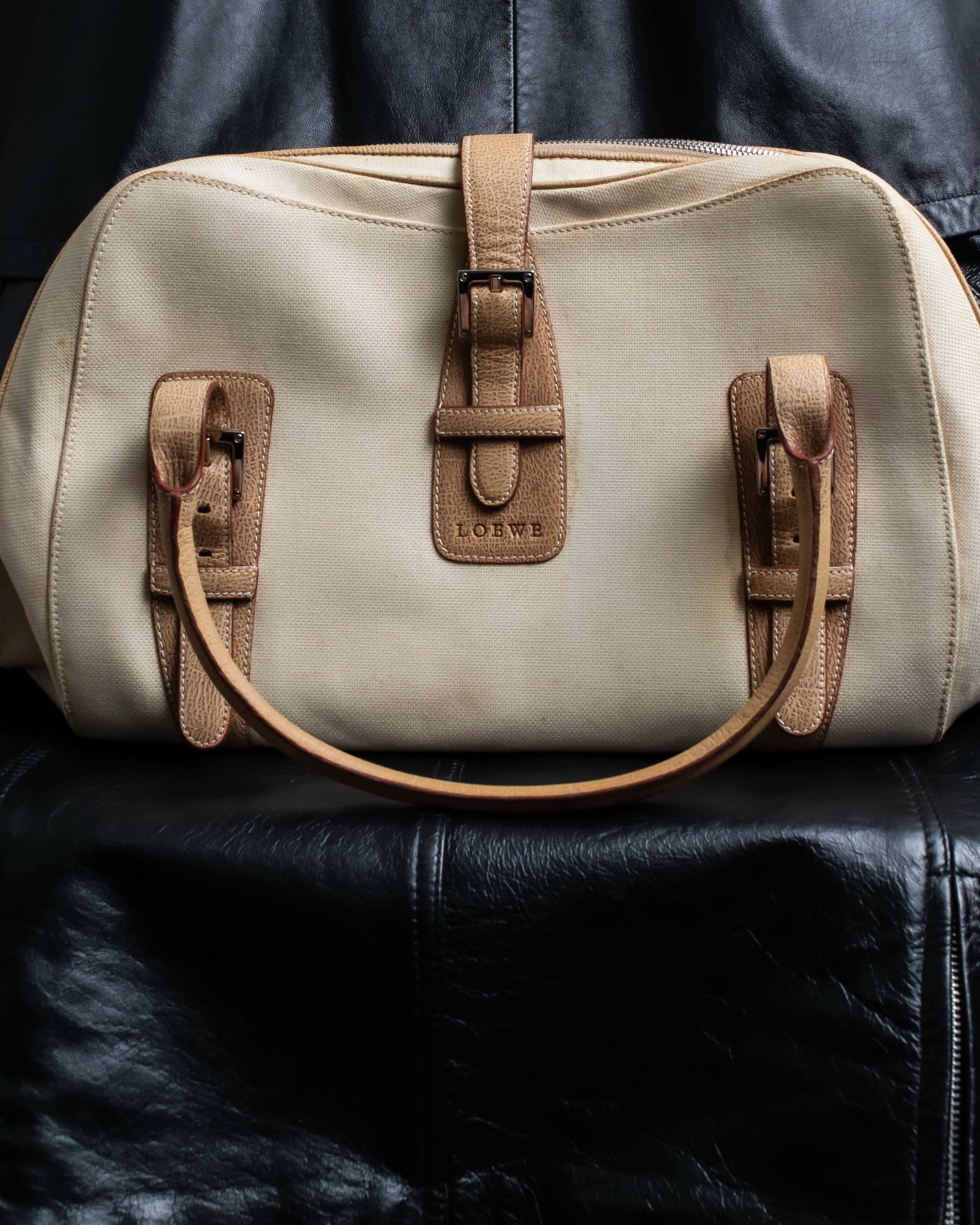 “LOEWE” Leather belted design bicolor handbag