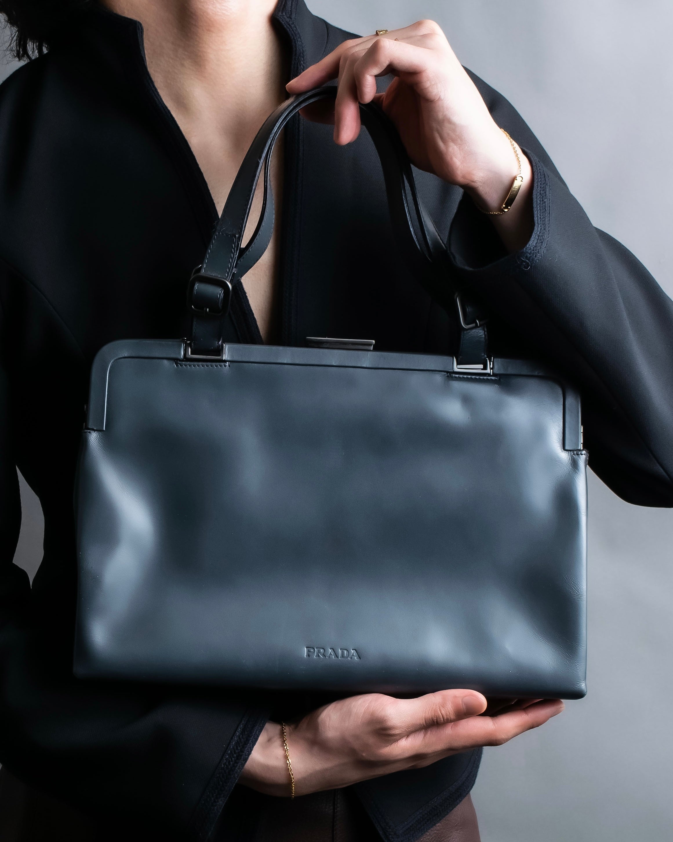 "PRADA" Clasp design grey-blue leather bag