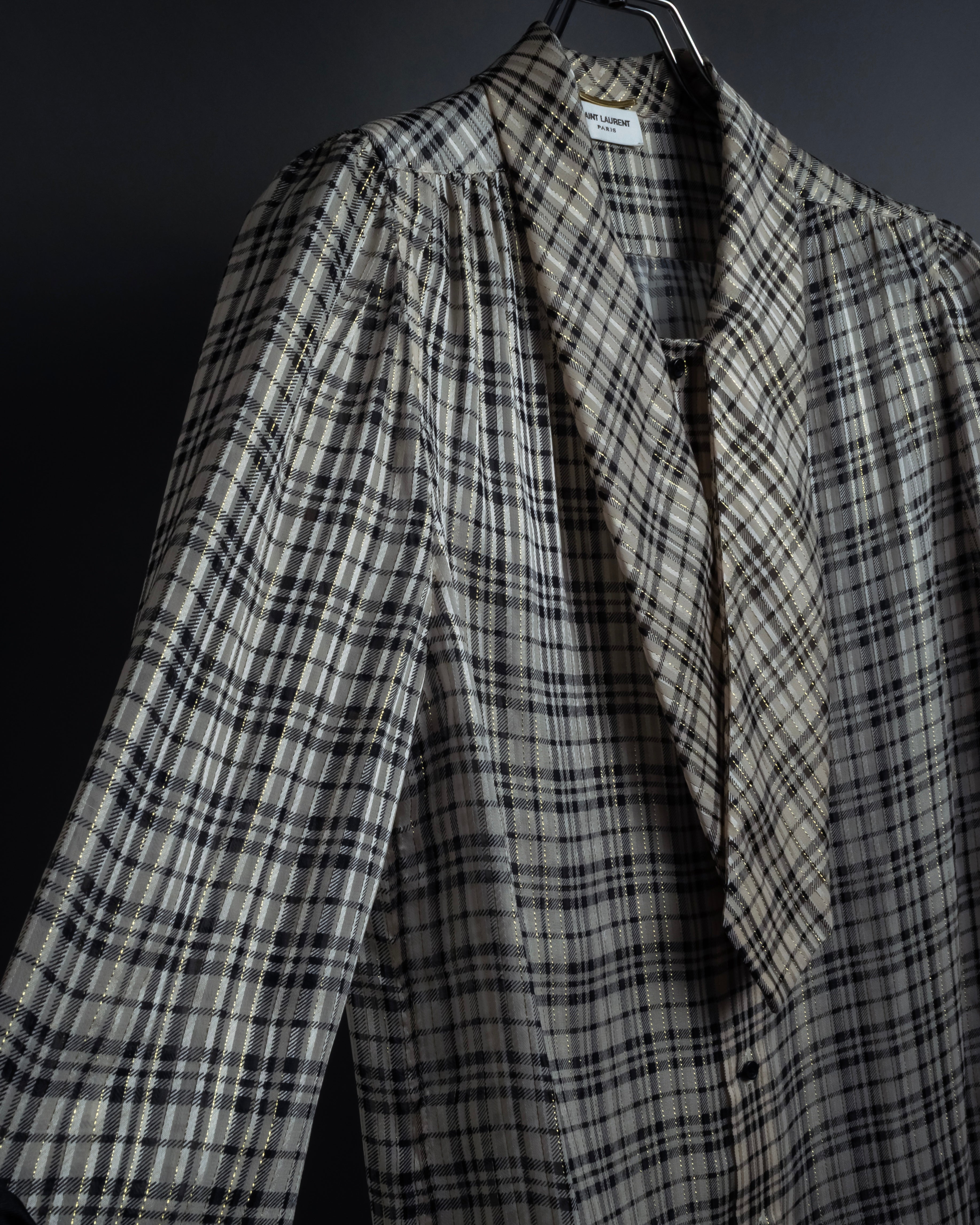 "Saint Laurent" Lame check pattern bow tie shirt