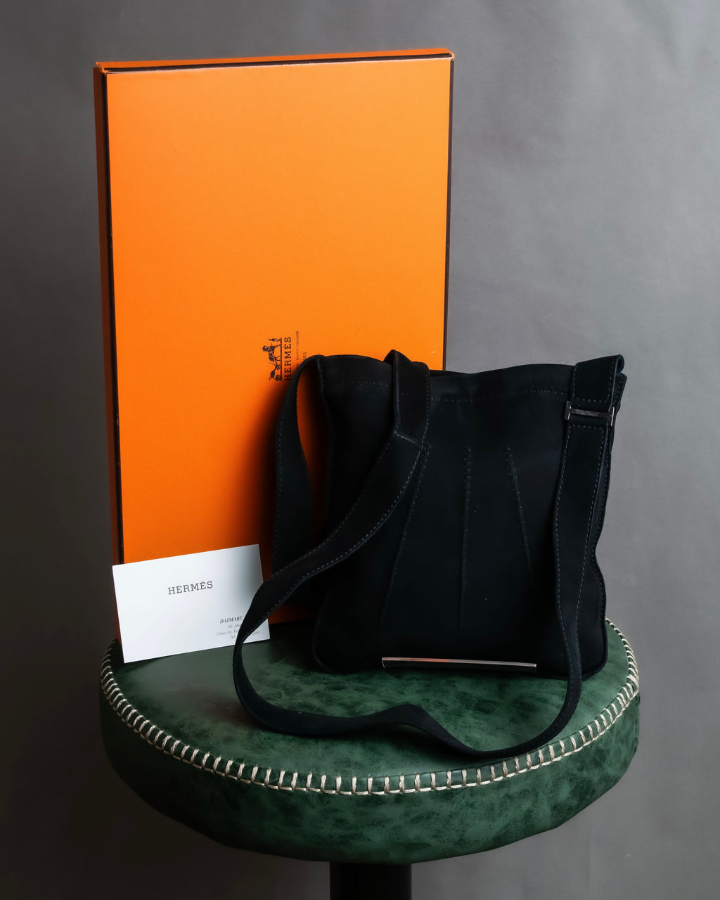 "HERMES" Tout en Douceur black suede panel line shoulder bag