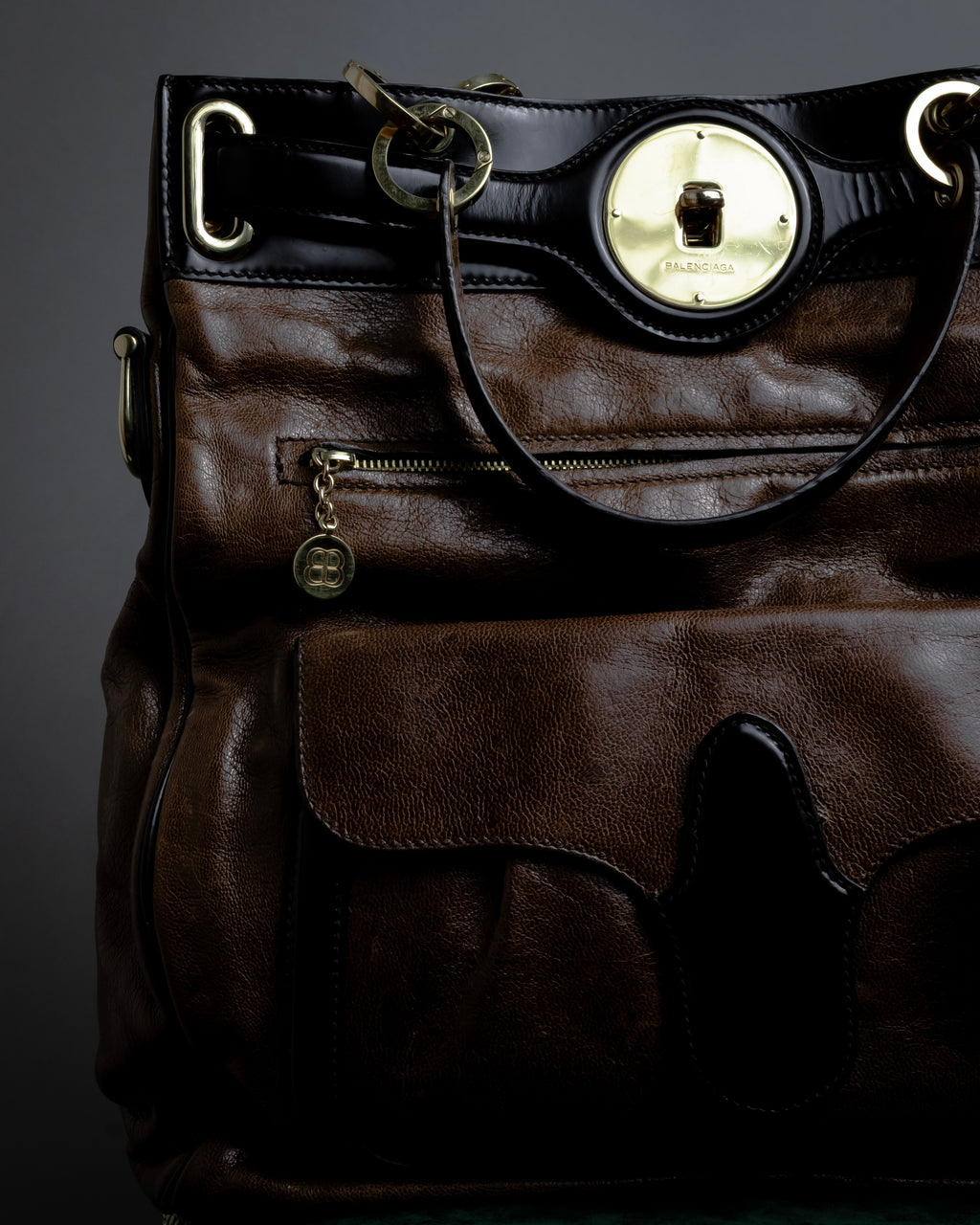 "BALENCIAGA" Gold turn lock design leather combination bag