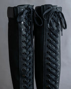 "YELLO" Lace up suede like stiletto heel knee-high boots