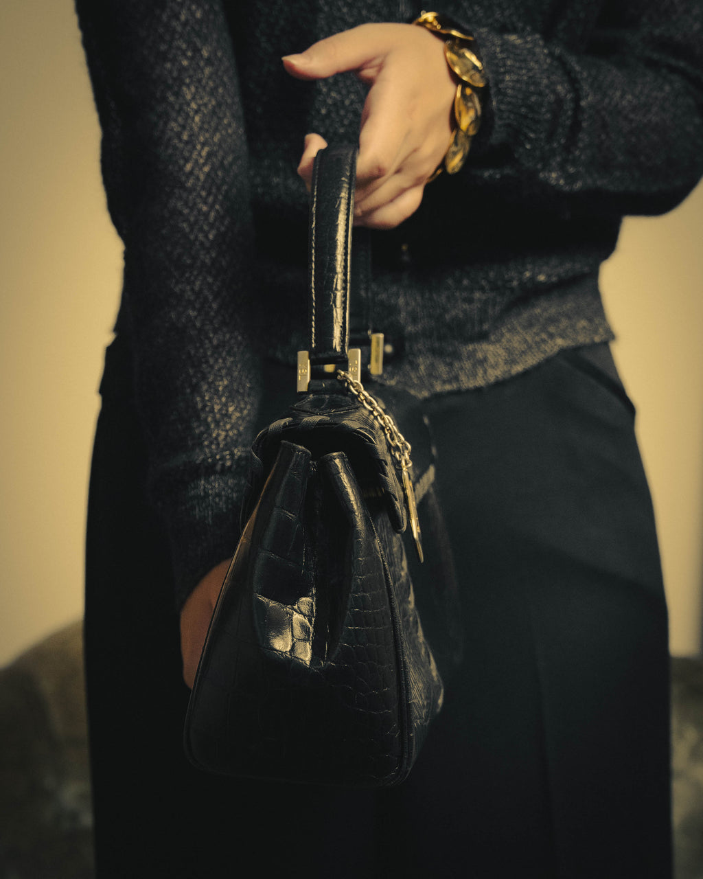-SPECIAL- “Yves Saint Laurent” 80’s-90’s Crocodile embossed lace-up handbag