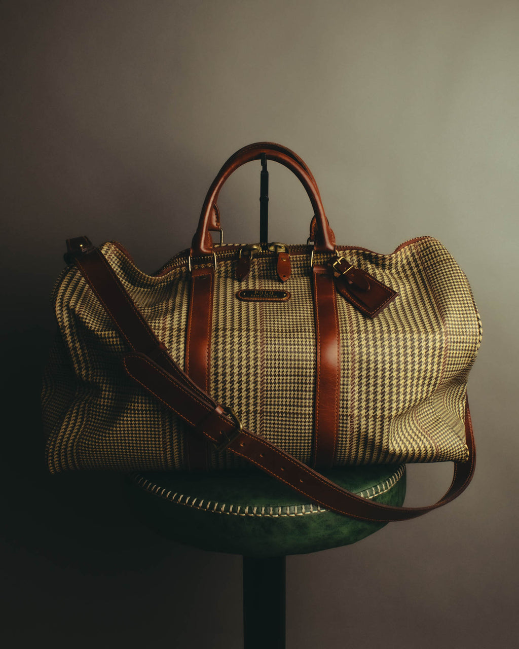 "Polo Ralph Lauren" 80's-90's Houndstooth leather trim travel bag