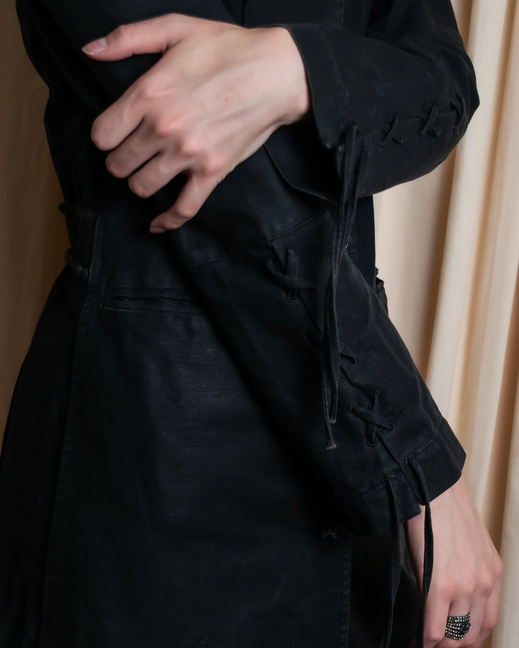 "vanessa bruno" Lace fringe design drawstring cotton linen shirt dress