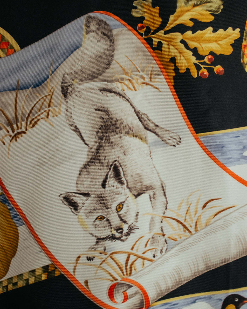 "Salvatore Ferragamo" 90's-00's Vintage arctic fauna and scrolling ribbon silk scarf