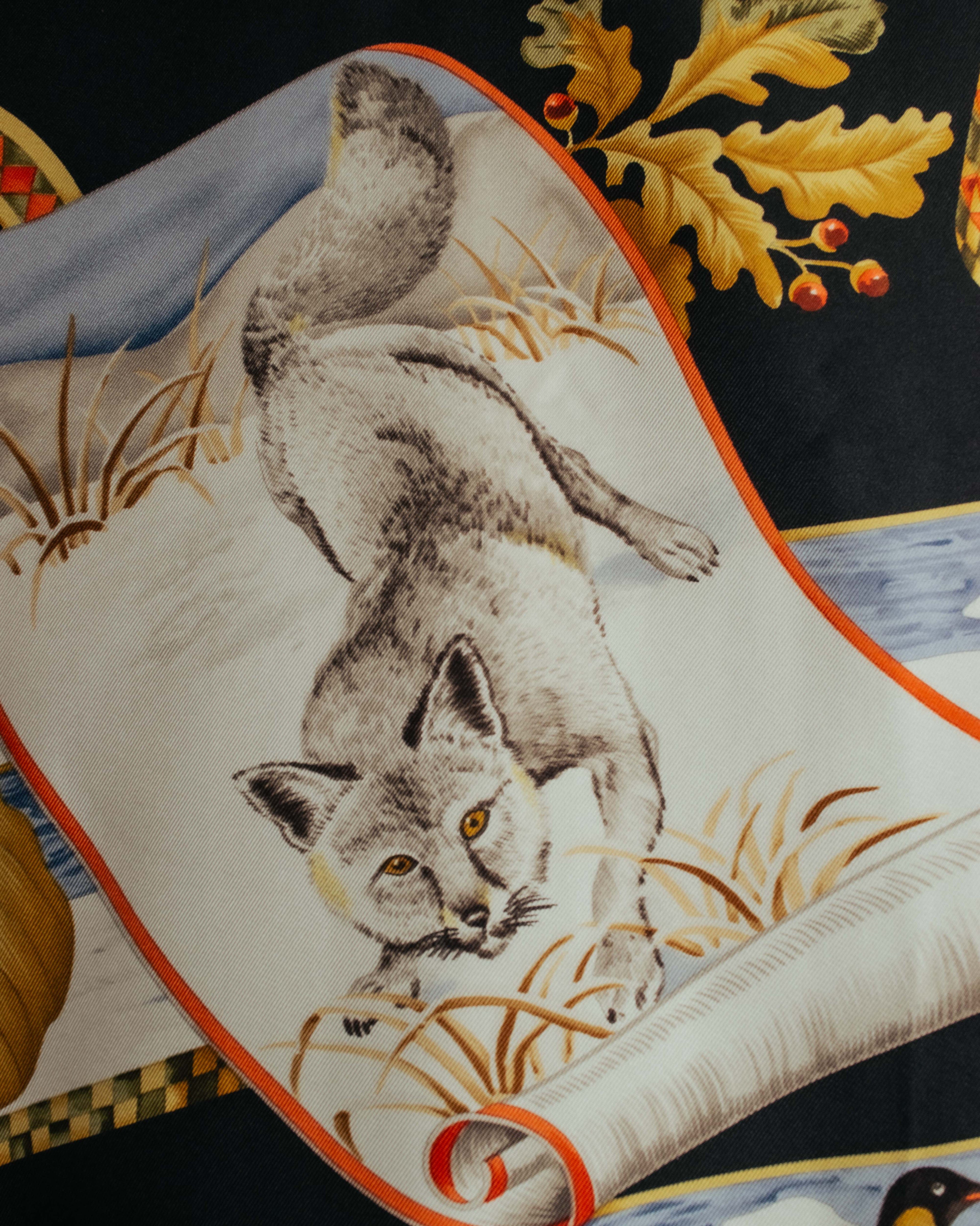 "Salvatore Ferragamo" 90's-00's Vintage arctic fauna and scrolling ribbon silk scarf