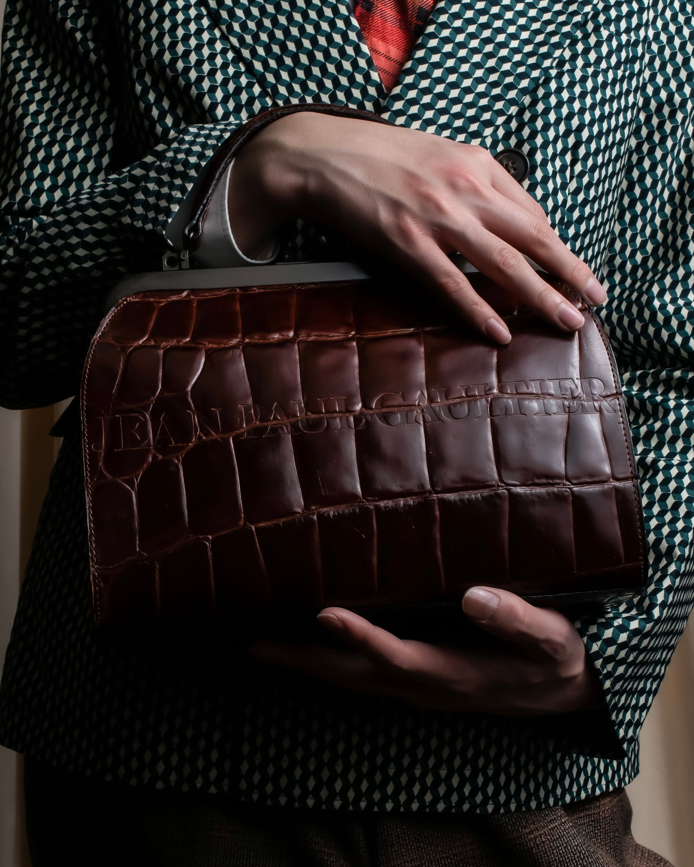 "JEAN PAUL GAULTIER" Logo engraved crocodile embossed 2way leather bag