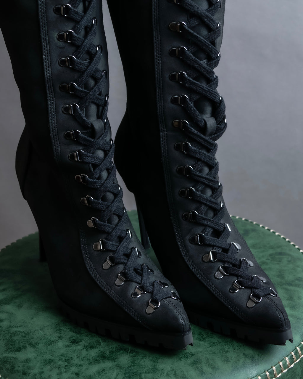 "YELLO" Lace up suede like stiletto heel knee-high boots