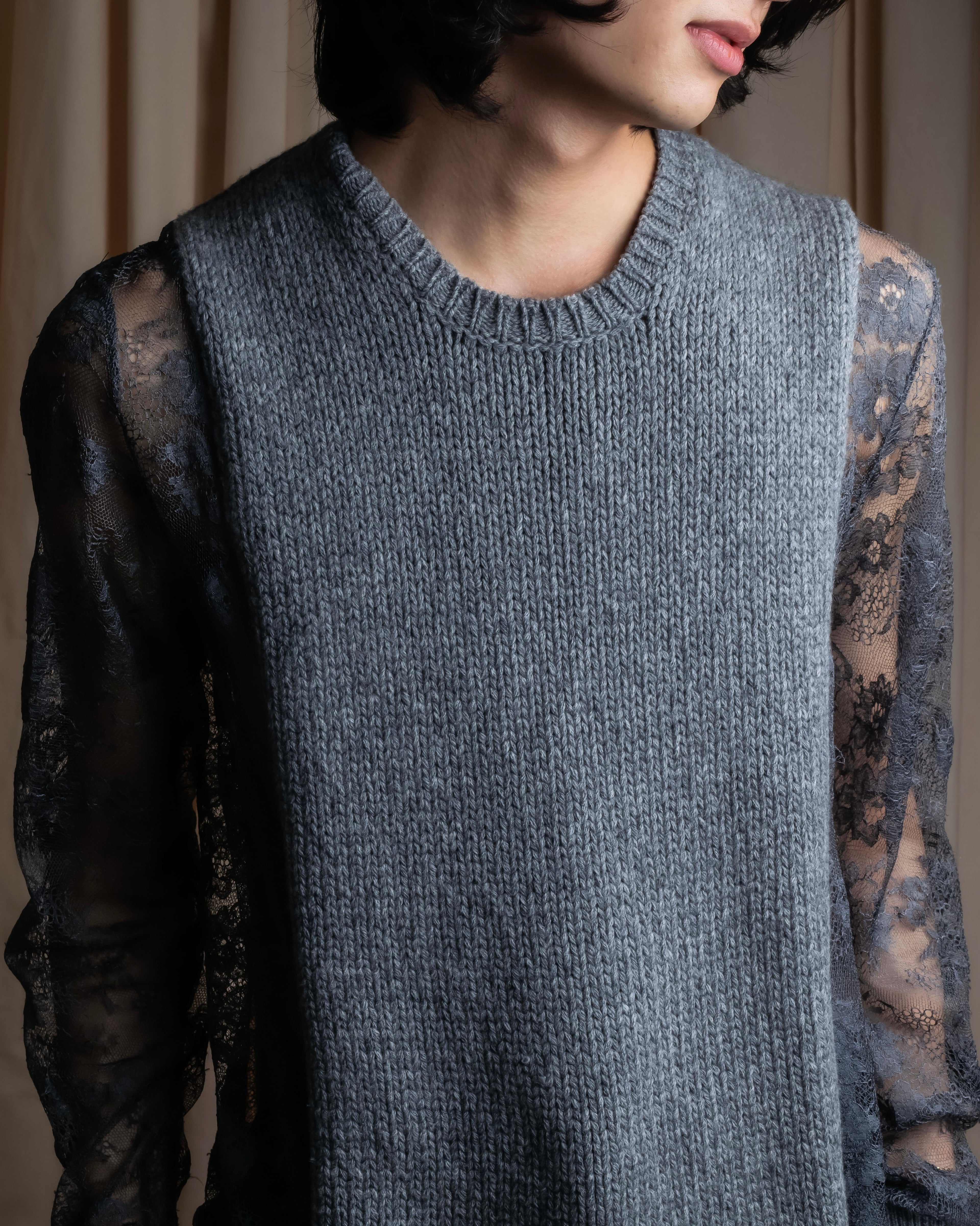 "VALENTINO" Floral lace cable knit docking design pullover