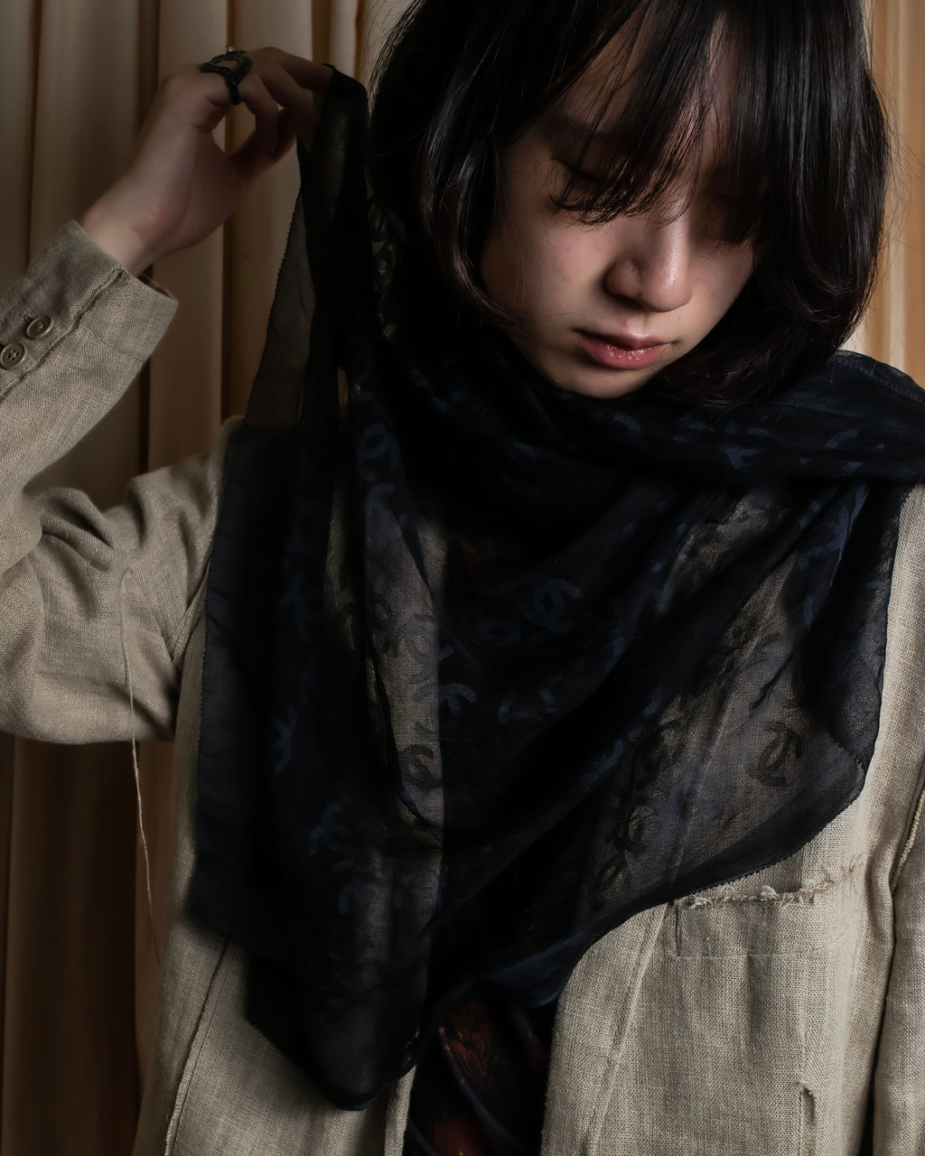"CHANEL" Coco Mark scattered sheer large scarf