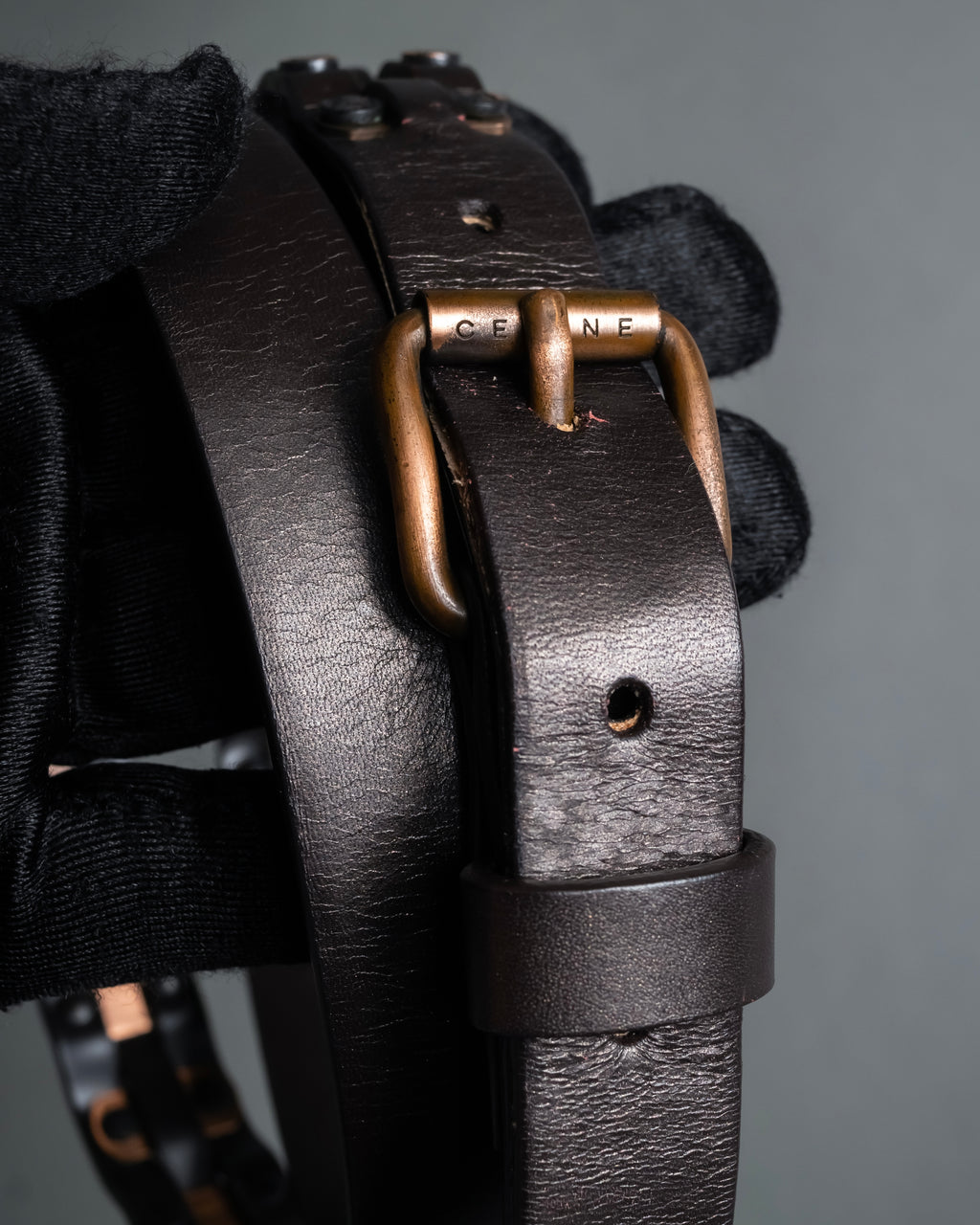 "CELINE" Triomphe motif stud design leather narrow belt