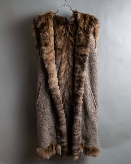 Vintage cashmere knit fur dogged reversible long gilet