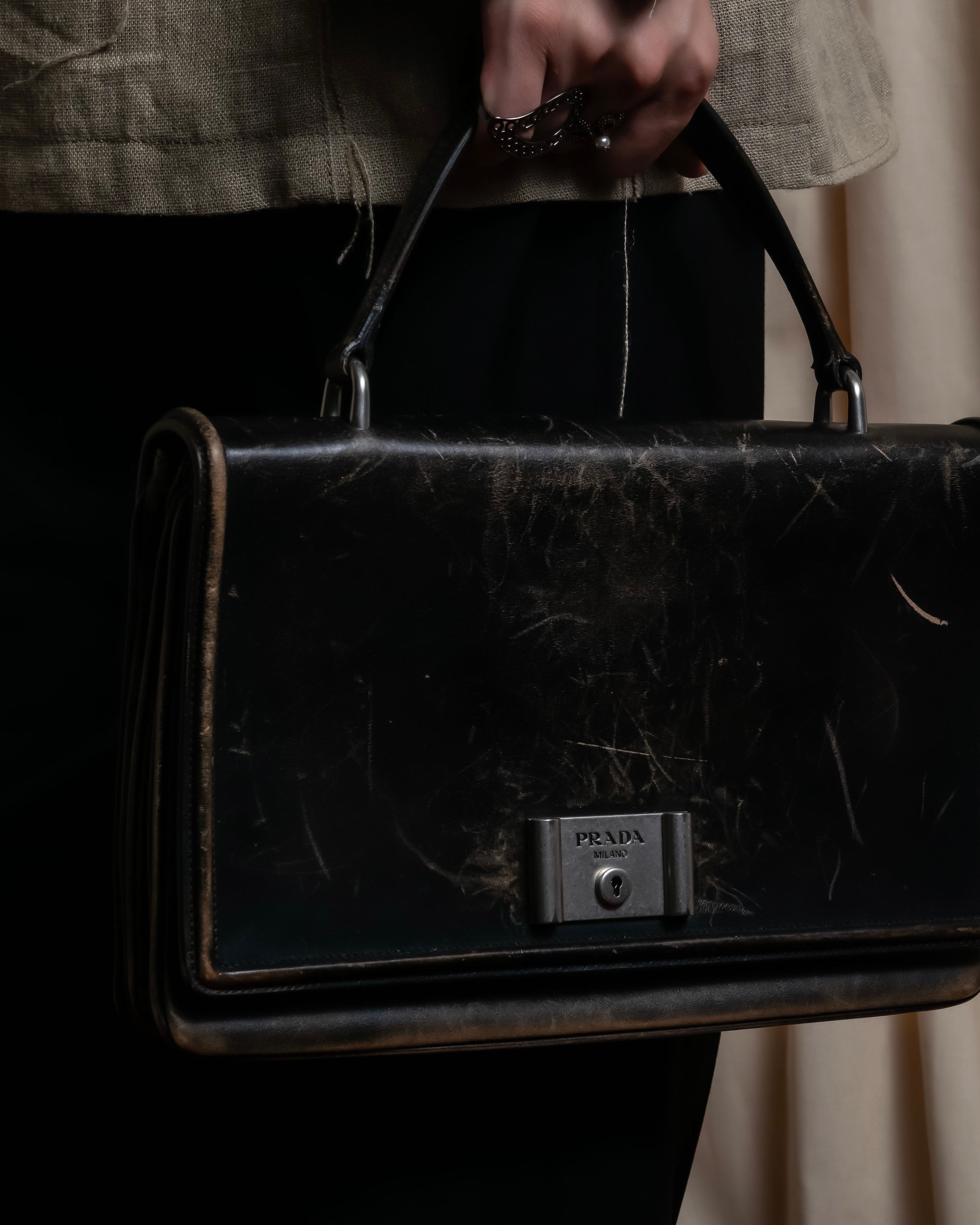 "PRADA" Aged metal parts design leather hand bag