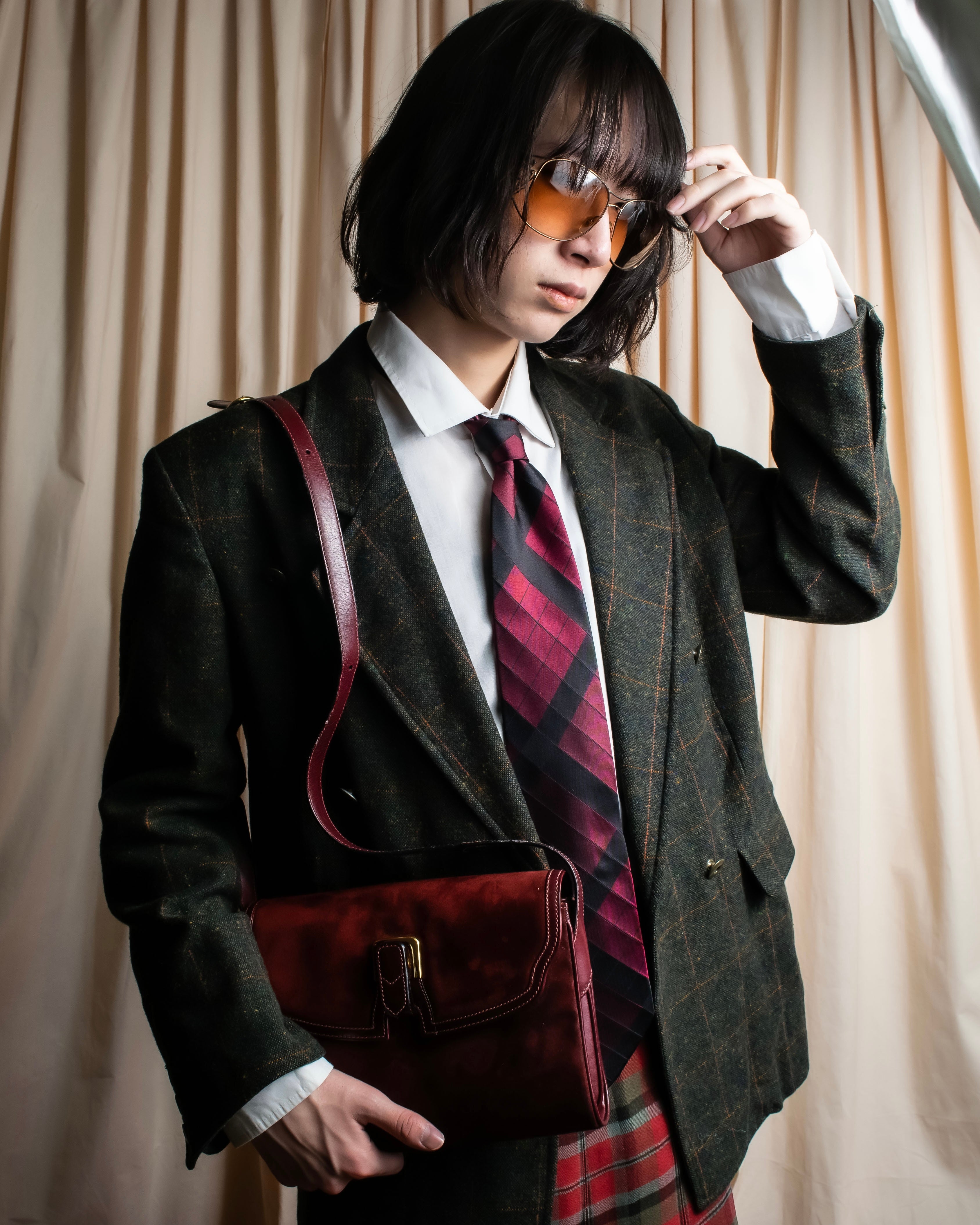 "GUCCI" Burgundy large check silk necktie